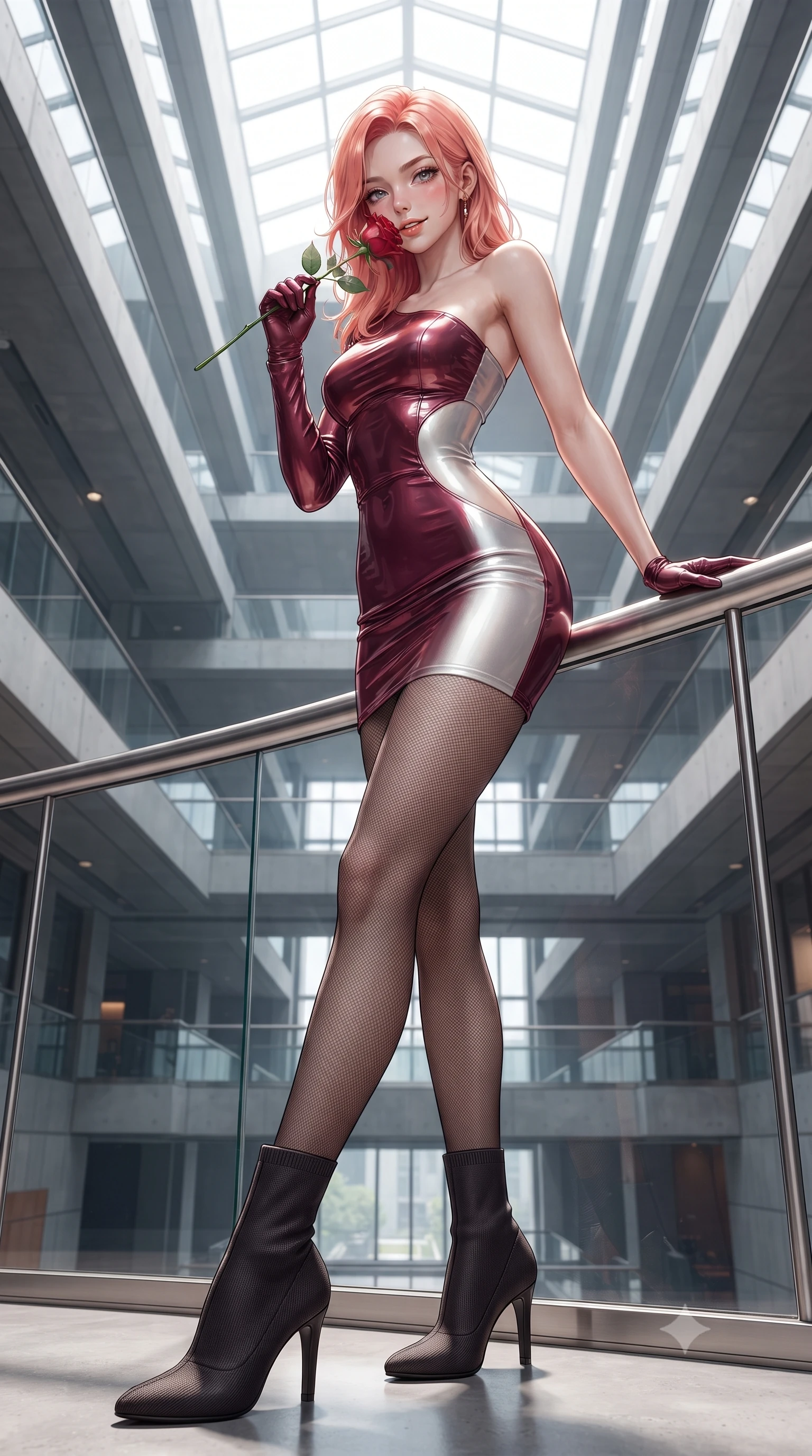 score_9, masterpiece, best quality, ultra-detailed, high-budget anime keyframe, editorial fashion photography, tasteful artistic composition, Japanese woman. low angle full-body shot from head to toe showing her feet, filling the entire 9:16 vertical frame with her statuesque presence, stretching her vertical silhouette. leaning deep against the balcony balustrade with hips cocked back in an unapologetically alluring high-fashion stance, casting an intoxicating glance while twisting her slender torso in an alluring contrapposto stance, architectural skylight shafts sculpting her flat midriff, waist, and hips. The surrounding environment is rendered in vivid detail and crisp panoramic clarity: detailed wet-look vinyl bustier shine, subtle mesh tights weave, and precision contemporary engineering in razor-sharp precision. She has an absolutely perfect, statuesque 8.5-heads proportion, an exceptionally tall and slender model-like female figure with impossibly long slender legs, an ultra-slim waist, a flat toned midriff, narrow delicate ribcage, and beautifully sculpted feminine hips creating a graceful, slim hourglass silhouette without any bulky heaviness. sharp v-shaped jawline, high-bridge nose, sparkling eyes with hypnotic seductive depth, thick curled eyelashes, glossy parted lips with a natural dewy peach sheen, alluring bedroom-eyes with an enchanting coquettish smile, exuding magnetic siren charisma and sophisticated glamour, flawlessly proportioned anatomical accuracy, strict slender model proportions, natural body alignment, perfectly sculpted long slender limbs, ultra-slim waistline, clean dynamic posture without body distortion. wearing an asymmetric one-shoulder metallic bordeaux mini dress with a dramatic side cutout hugging her waist and hips in pure pearl alabaster with liquid platinum sheen, woven from buttery-soft stretch lambskin leather adhering to her body like a second skin, accented with a single fresh-cut long-stemmed crimson rose held delicately near her parted lips, the glove-like clinging cut tightly following the natural contour of her hips and long slender legs with youthful 8.5-heads elegance. bathed in vertical shafts of pure white sunlight pouring down through four-story architectural light wells. ultra-reflective glossy finish, specular highlights, rich textural contrasts, high-contrast stereoscopic depth, volumetric dynamic lighting, 2k, ultra detail, master piece, 9:16 ratio