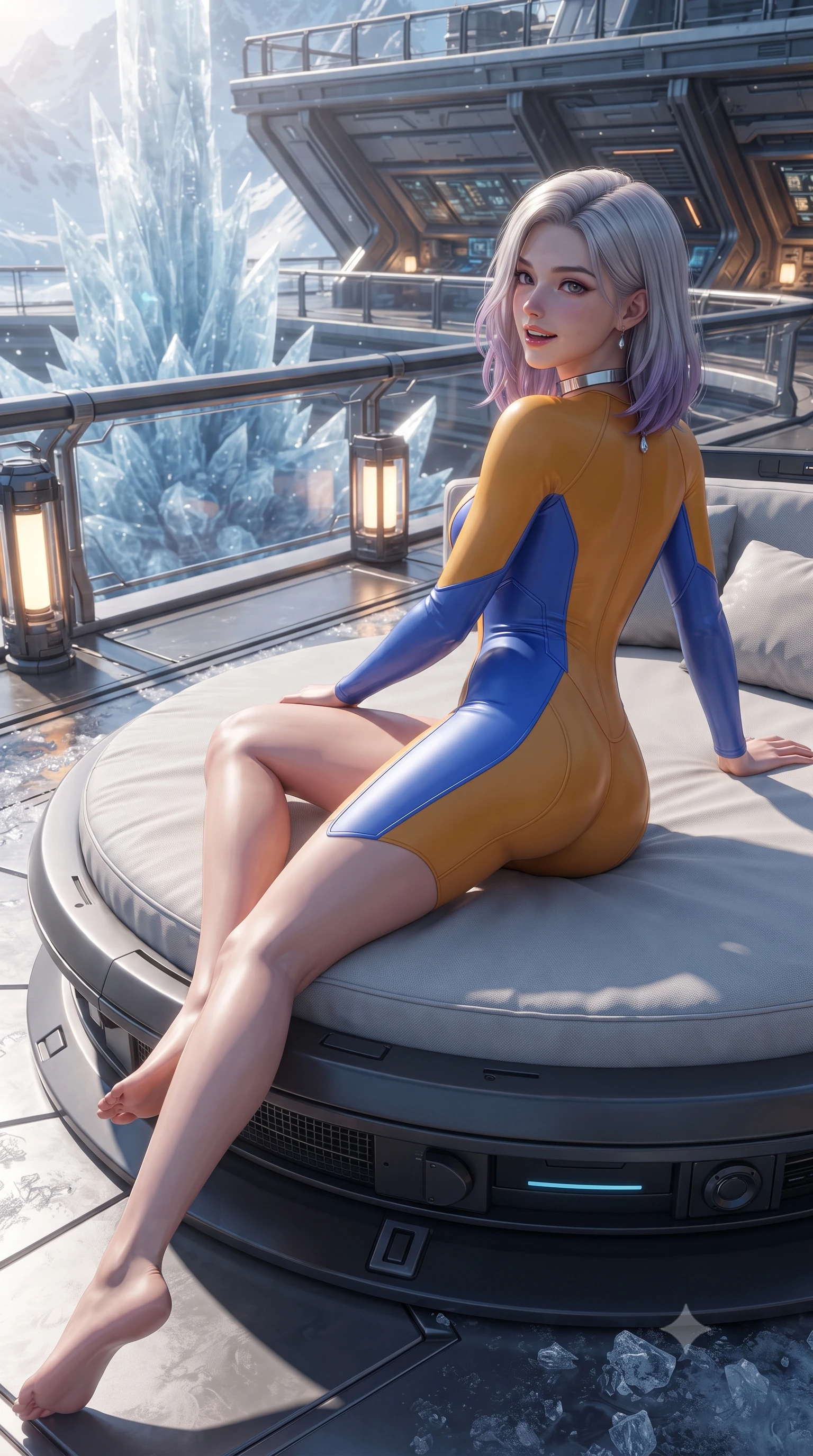score_9, masterpiece, best quality, ultra-detailed, high-budget anime keyframe, editorial fashion photography, tasteful artistic composition, Caucasian woman. close-up cowboy shot from the waist and thighs up, the character dominates the composition, filling the frame with her large presence. posing in an alluring rear three-quarter angle, looking over a bare shoulder with parted glossy lips, her hips cocked back to highlight her slim hourglass curve while lounging gracefully across the circular daybed propped on one elbow with legs extended, displaying her long slender limbs and statuesque hourglass silhouette against the ice geyser. The surrounding environment is rendered in vivid detail and crisp panoramic clarity: sharp cantilevered composite deck beams, crystalline ice geyser facets in vacuum, and high-tech heating elements in deep focus. She has an exceptionally elegant, slender, and willowy female figure with an ultra-slim waist, flat toned midriff, narrow ribcage, and sculpted feminine hips creating an alluring, slim hourglass silhouette without bulk. sharp v-shaped jawline, high-bridge nose, intricate jewel-like sparkling eyes with depth, thick eyelashes, glossy parted lips with a natural peach sheen, bright cheerful beaming smile with an enchanting and coquettish sensual glint, exuding both youthful cute charm and seductive allure, flawlessly proportioned anatomical accuracy, strict slender model proportions, natural body alignment, perfectly sculpted long slender limbs, ultra-slim waistline, clean dynamic posture without body distortion. wearing an ultra-sleek second-skin tactical combat bodysuit made of liquid-gloss neoprene with reinforced ribcage contouring seams hugging her hourglass figure in Jovian storm amber and electric cobalt, made of fluid liquid jersey with seamless sculpting hold and smooth contours, finished with a minimalist chrome choker and a single teardrop diamond pendant, the form-contouring silhouette accentuating her sculpted flat midriff, narrow delicate ribcage, and gracefully curvy hips with intoxicating allure. bathed in crisp diamond sunlight reflecting off millions of frozen water-ice crystals combined with warm 2600K deck lanterns. ultra-reflective glossy finish, specular highlights, rich textural contrasts, high-contrast stereoscopic depth, volumetric dynamic lighting, 2k, ultra detail, master piece, 9:16 ratio