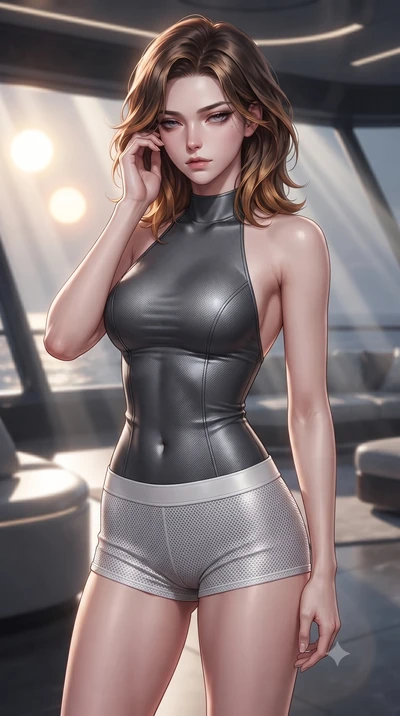 score_9, masterpiece, best quality, ultra-detailed, high-budget anime keyframe, editorial fashion photography, tasteful artistic composition, Korean woman. close-up cowboy shot from the waist and thighs up, the character dominates the composition, fi