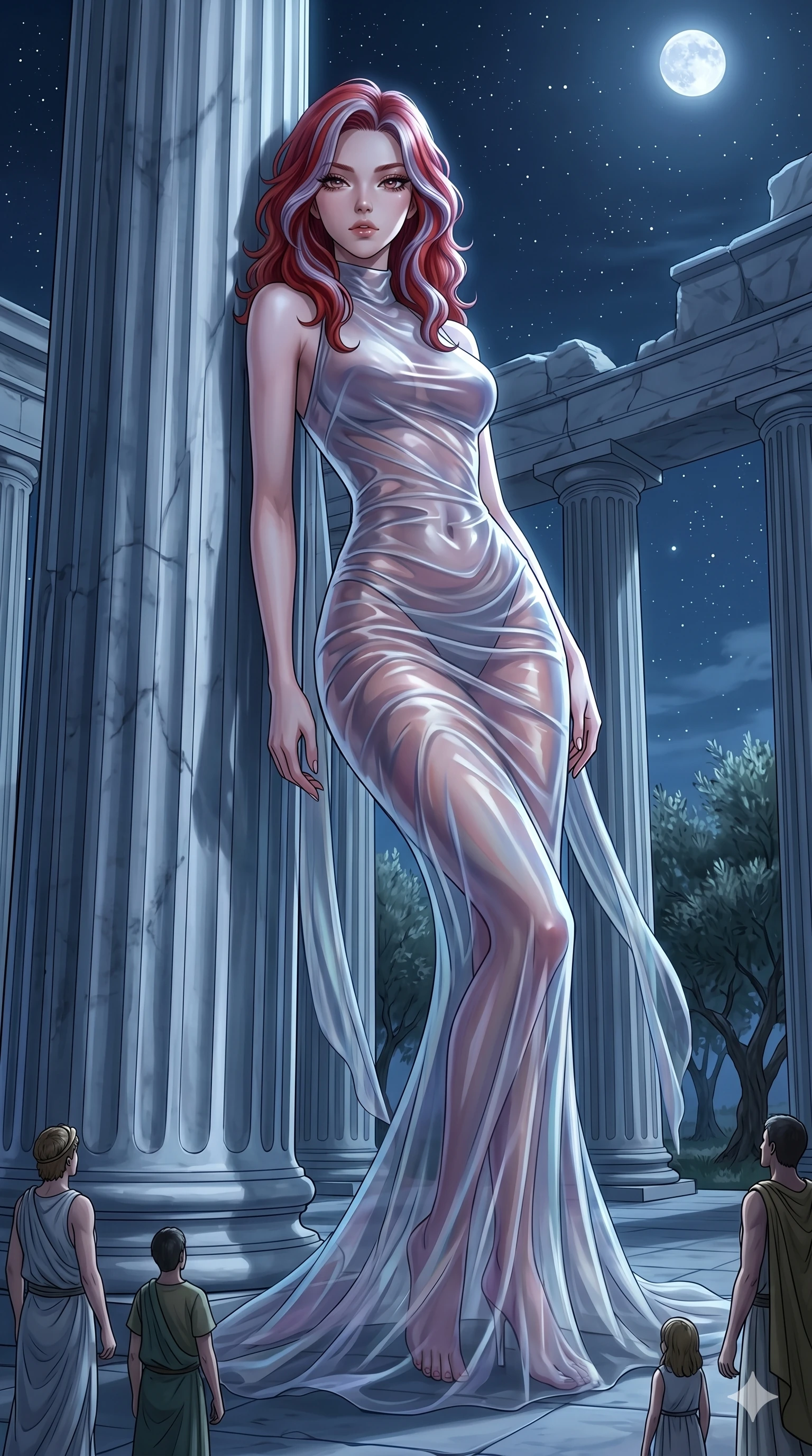 score_9, masterpiece, best quality, ultra-detailed, High-budget Anime Keyframe, East Asian woman. Low angle cowboy shot filling the entire 9:16 frame with her statuesque presence. Scenario 153: Leaning against a cold marble pillar in a moonlit greek temple. Her presence is magnetic and overpowering in this high-budget anime scene. Outfit 153: A translucent organza liquid with a elegant high-fashion silhouette and tight-fitting silhouette. The clothing is designed to emphasize her exceptionally tall and slender 8-heads proportion. 8-heads proportion, towering silhouette, ultra-slim waist. sharp v-shaped jawline, intricate jewel-like eyes with depth, thick eyelashes, glossy lips. 2k, ultra detail, master piece, 9:16 ratio