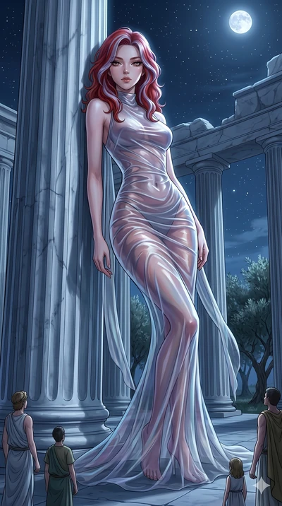 score_9, masterpiece, best quality, ultra-detailed, High-budget Anime Keyframe, East Asian woman. Low angle cowboy shot filling the entire 9:16 frame with her statuesque presence. Scenario 153: Leaning against a cold marble pillar in a moonlit greek 
