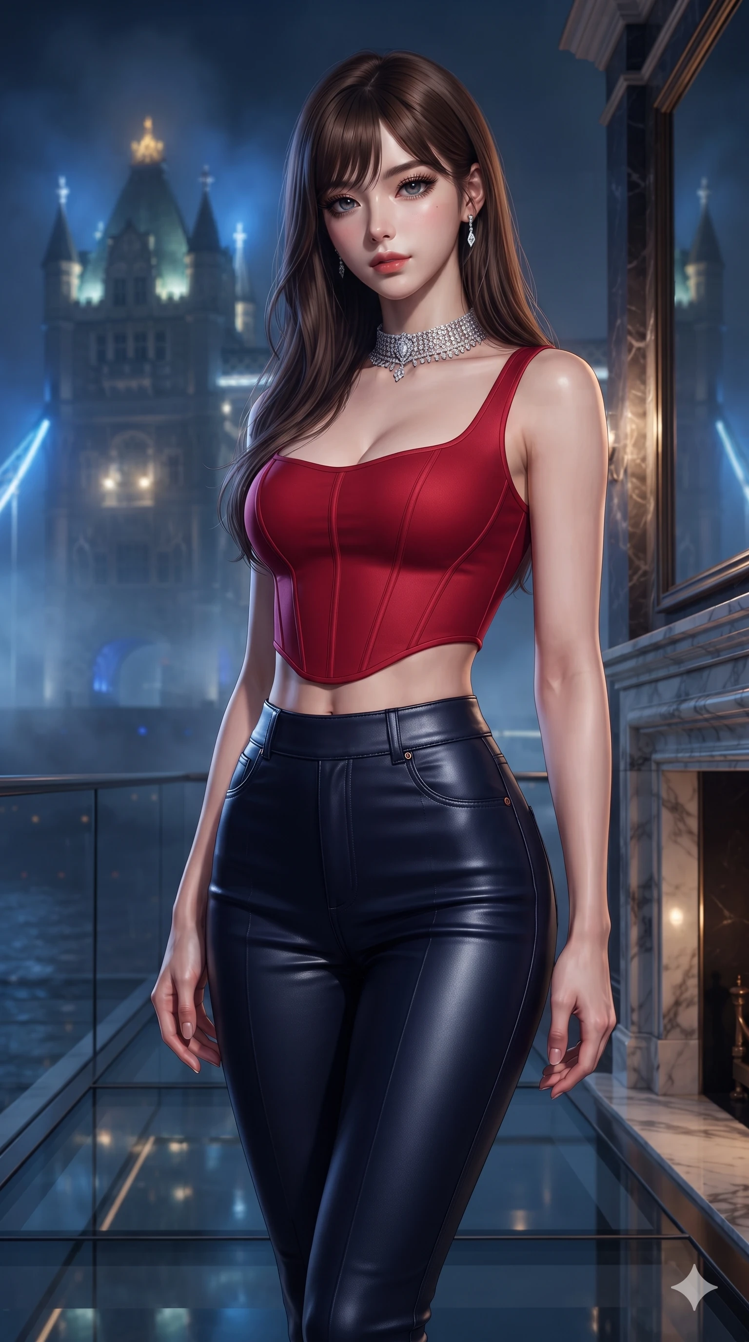 score_9, masterpiece, best quality, ultra-detailed, high-budget anime keyframe, editorial fashion photography, tasteful artistic composition, Korean woman. close-up cowboy shot from the waist and thighs up, the character dominates the composition, filling the frame with her large presence. standing poised beside a towering marble fireplace with hips cocked back, casting an alluring, sovereign gaze toward the viewer while standing poised on the high observation walkway with arms relaxed, looking down through thick lashes with quiet, dangerous intensity. The background shows a soft-focus the iconic gothic stone towers of Tower Bridge glowing in blue and gold through swirling night mist blurred into cobalt, topaz, and slate bokeh. She has an exceptionally elegant, slender, and willowy female figure with an ultra-slim waist, flat toned midriff, narrow ribcage, and sculpted feminine hips creating an alluring, slim hourglass silhouette without bulk. sharp v-shaped jawline, high-bridge nose, intricate jewel-like dark sparkling eyes with dangerous depth, thick curled eyelashes, glossy parted lips with a rich wine sheen, smoldering seductive half-smile with bedroom-eyes, exuding effortless superiority and intoxicating dark allure, flawlessly proportioned anatomical accuracy, strict slender model proportions, natural body alignment, perfectly sculpted long slender limbs, ultra-slim waistline, clean dynamic posture without body distortion. wearing a cropped structured bodice top paired with ultra-fitted high-waisted leather trousers tracing her hips in Tokyo Tower scarlet crimson and midnight indigo, made of fluid liquid jersey with seamless sculpting hold and smooth contours, finished with a delicate diamond choker catching the chandelier light, the glove-like silhouette tightly following the natural contour of her hips and long slender legs with youthful 8.5-heads elegance. bathed in intense cobalt floodlights contrasting with golden architectural spotlights illuminating the bridge towers. ultra-reflective glossy finish, specular highlights, rich textural contrasts, high-contrast stereoscopic depth, volumetric dynamic lighting, 2k, ultra detail, master piece, 9:16 ratio