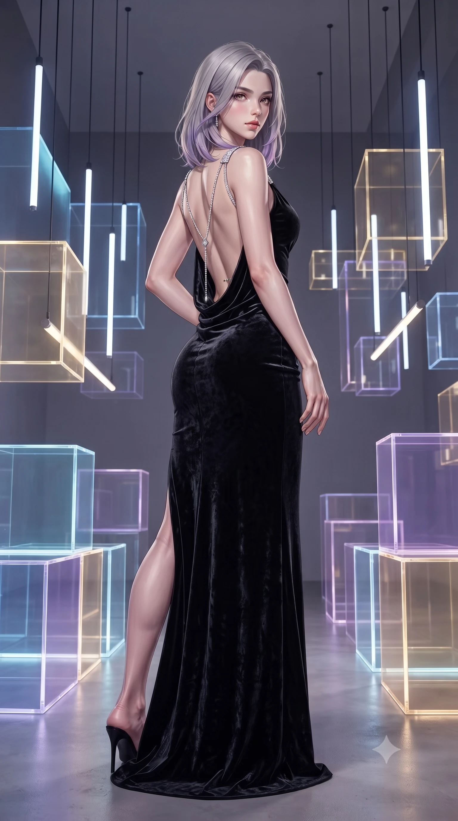 score_9, masterpiece, best quality, ultra-detailed, high-budget anime keyframe, editorial fashion photography, tasteful artistic composition, Caucasian woman. low angle full-body shot from head to toe showing her feet, filling the entire 9:16 vertical frame with her statuesque presence, stretching her vertical silhouette. standing poised with one hip cocked in an alluring high-fashion pose, her tall 8.5-heads proportions dominating the scene while posing inside an avant-garde digital art gallery surrounded by glowing translucent acrylic cubes and suspended LED tubes. The surrounding environment is rendered in vivid detail and crisp panoramic clarity. ultra-modern minimalist gallery chiaroscuro and precision-engineered light art aesthetics in sharp focus. She has an absolutely perfect, statuesque 8.5-heads proportion, an exceptionally tall and slender model-like female figure with impossibly long slender legs, a toned flat midriff, and an ultra-slim waist. sharp v-shaped jawline, high-bridge nose, intricate jewel-like eyes with depth, thick eyelashes, glossy lips with a natural sheen, captivating and magnetic expression, flawlessly proportioned anatomical accuracy, strict slender model proportions, natural body alignment, perfectly sculpted long slender limbs, ultra-slim waistline, clean dynamic posture without body distortion. wearing an opulent backless black velvet evening gown with a plunging cowl back and diamond-encrusted shoulder straps in midnight black and liquid gold, crafted from heavyweight crushed silk velvet with liquid luster, accented with a glittering diamond back chain tracing her bare spine edition #14, the liquid-tight tailored fabric emphasizing every curve of her tall, slender model proportions and sculptured silhouette during dynamic movement. bathed in dynamic color-shifting LED ambient illumination and pure white spotlight fill. ultra-reflective glossy finish, specular highlights, rich textural contrasts, high-contrast stereoscopic depth, volumetric dynamic lighting, 2k, ultra detail, master piece, 9:16 ratio
