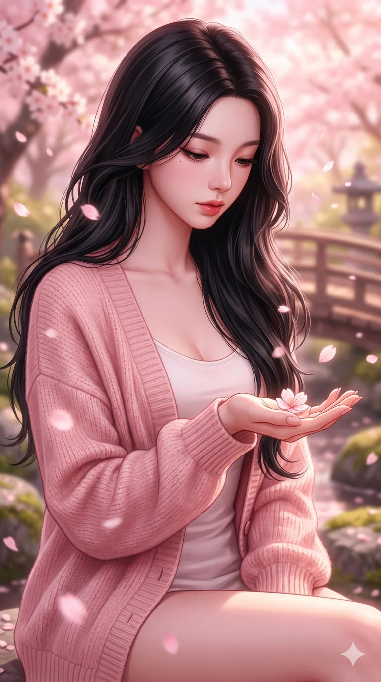 score_9, score_8_up, score_7_up, source_anime, masterpiece, best quality, ultra-detailed, same character with long flowing black hair, wearing a light pink cardigan, upper body close-up from thigh up filling the screen, catching a falling cherry blossom petal in her palm, soft pink lighting, dreamy garden background, 2k, 9:16 ratio