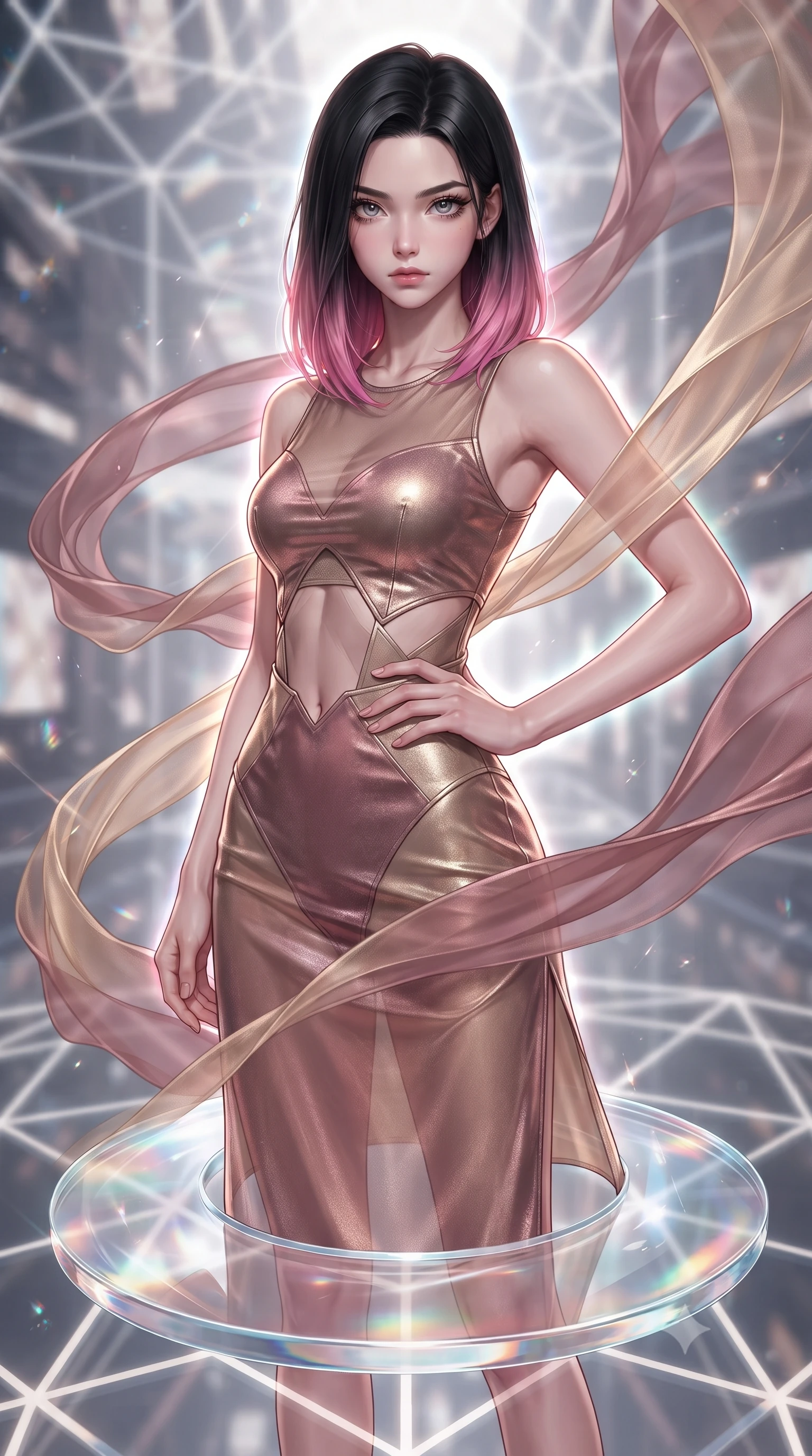 score_9, masterpiece, best quality, ultra-detailed, high-budget anime keyframe, editorial fashion photography, tasteful artistic composition, Korean woman. close-up cowboy shot from the waist and thighs up, the character dominates the composition, filling the frame with her large presence, background elements kept in soft focus. Holding a confident power pose with one hand on her hip, gazing directly into the camera with quiet intensity poised on a floating glass disk suspended inside a geometric light matrix, translucent silk ribbons swirling around her body like light streams. She has an exceptionally elegant, slender, and willowy female figure with an ultra-slim waist, a gracefully sculpted slender torso, and a refined silhouette. sharp v-shaped jawline, high-bridge nose, intricate jewel-like eyes with depth, thick eyelashes, glossy lips with a natural sheen. wearing a semi-opaque sheer overlay dress over a leather micro-bodysuit in dusty rose and champagne gold, made of premium stretch velvet with a rich sheen, featuring subtle geometric cutouts that highlight her ultra-slim midriff, the elegant draped fit framing her graceful clavicle and slender torso. surrounded by a vibrant fluorescent aura with bright rim highlights. ultra-reflective glossy finish, specular highlights, metallic sheen, high-contrast stereoscopic depth, volumetric dynamic lighting, 2k, ultra detail, master piece, 9:16 ratio