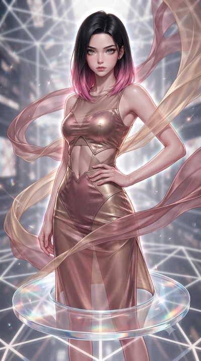score_9, masterpiece, best quality, ultra-detailed, high-budget anime keyframe, editorial fashion photography, tasteful artistic composition, Korean woman. close-up cowboy shot from the waist and thighs up, the character dominates the composition, fi