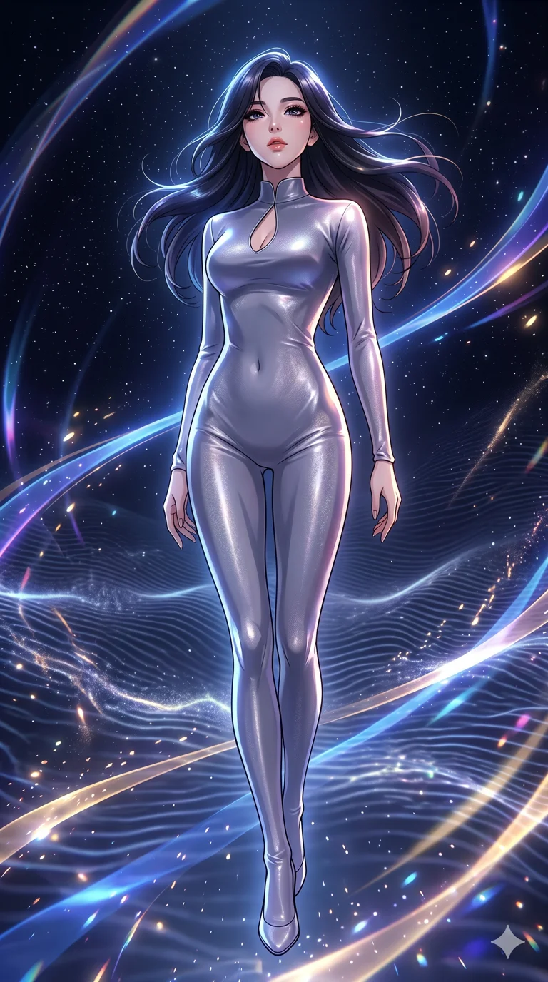 score_9, masterpiece, best quality, ultra-detailed, High-budget Anime Keyframe, vibrant colors, fluid line-art, expressive lighting, cinematic composition, Ufotable-style visual effects, top-tier animation quality, Korean woman with idol-like refined features. Low angle cowboy shot filling the entire 9:16 frame with her statuesque presence, looking up to emphasize her height. Floating within a high-frequency vibration chamber where the atmosphere becomes visible waves. She has an absolutely perfect 8-heads proportion, an exceptionally tall and slender female figure with impossibly long slender legs and an ultra-slim waist, her statuesque height and towering silhouette dominating the vertical 9:16 frame. Her face is a masterpiece featuring a sharp v-shaped jawline, high-bridge nose, intricate jewel-like eyes with depth, thick eyelashes, and glossy lips with a natural sheen. She is wearing a Sleek liquid-silk jumpsuit that clings to her frame, with a high collar and a small strategic teardrop cutout. The scene is set in a starlit void where ribbons of light serve as the only paths. 2k, ultra detail, master piece, 9:16 ratio