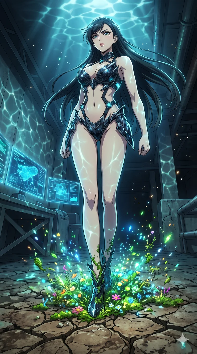 score_9, masterpiece, best quality, ultra-detailed, High-budget Anime Keyframe, vibrant colors, fluid line-art, expressive lighting, cinematic composition, Ufotable-style visual effects, top-tier animation quality, Japanese woman with delicate and elegant anime-inspired features. Dynamic full-body shot stretching the vertical silhouette, capturing her from a powerful low-angle perspective. Restoring life to a barren, dead planet with a single touch, greenery and flowers erupting from her footsteps. She has an absolutely perfect 8-heads proportion, an exceptionally tall and slender female figure with impossibly long slender legs and an ultra-slim waist, her statuesque height and towering silhouette dominating the vertical 9:16 frame. Her face is a masterpiece featuring a sharp v-shaped jawline, high-bridge nose, intricate jewel-like eyes with depth, thick eyelashes, and glossy lips with a natural sheen. She is wearing a Metallic armor-bikini with sharp, aggressive edges and integrated energy-shield generators crafted from Obsidian-glass scales that shimmer with a dark, crystalline brilliance, with an exposed midriff and a complex harness system that draws the eye. The scene is set in an underground rebel bunker with flickering holographic screens and tactical maps, illuminated by underwater caustic lighting with ripples of light dancing across her body. 2k, ultra detail, master piece, 9:16 ratio