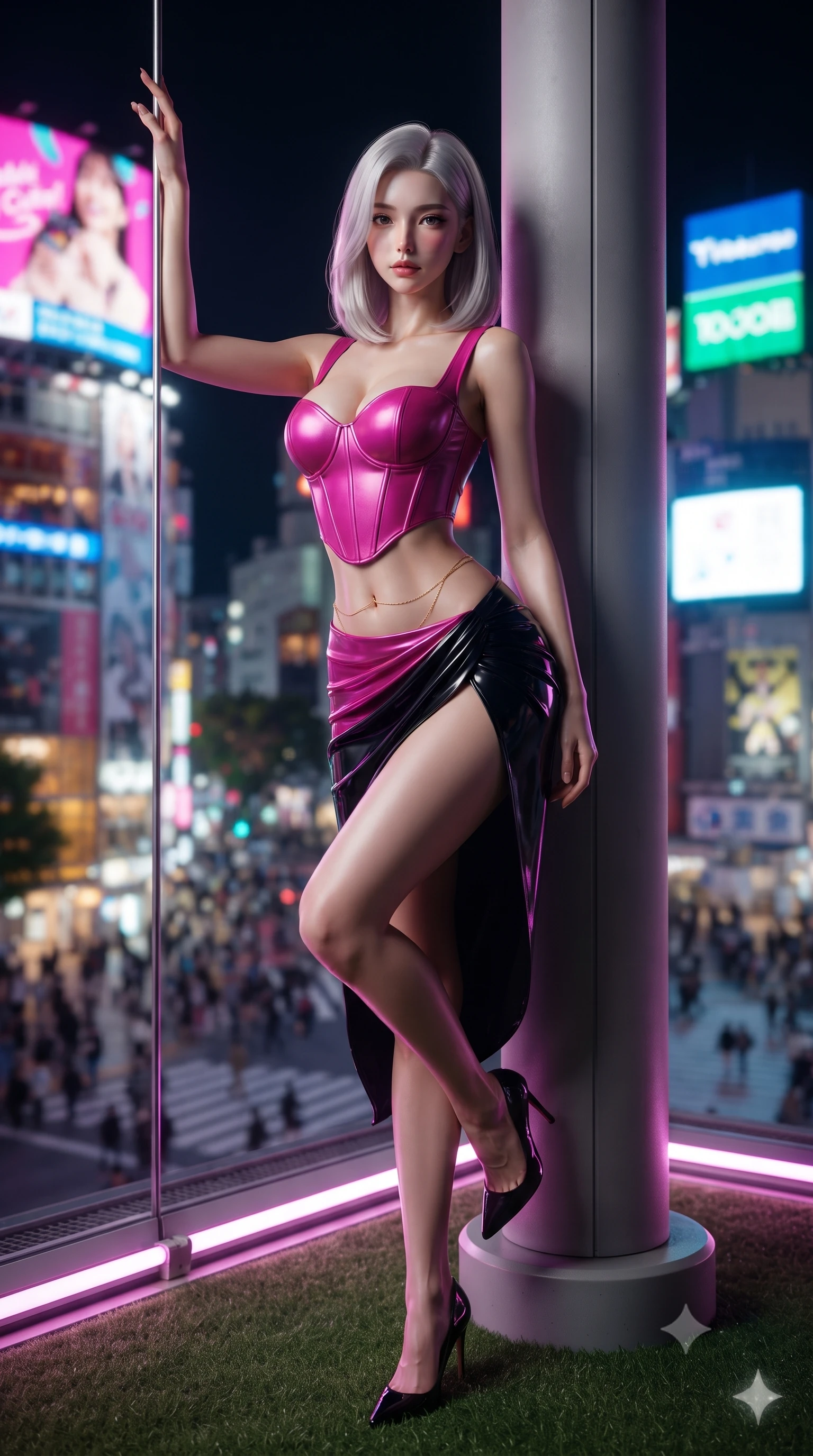 score_9, masterpiece, best quality, ultra-detailed, high-budget anime keyframe, editorial fashion photography, tasteful artistic composition, Korean woman. low angle full-body shot from head to toe showing her feet, filling the entire 9:16 vertical frame with her statuesque presence, stretching her vertical silhouette. standing tall beside the architectural column, one hand resting high while arching her lower back to emphasize her sculpted feminine hips and slender waist while perched on the helipad artificial turf with one knee bent, her long slender legs and hourglass waist commanding the colossal megalopolis. The background shows a soft-focus colossal Shibuya Crossing with tiny pedestrian crowds, massive neon video billboards, and dense Tokyo skyline blurred into electric magenta, cyan, and amber bokeh. She has an exceptionally tall and slender model-like 8.5-heads proportion, an ultra-slim waist, a flat toned midriff, narrow delicate ribcage, and beautifully sculpted feminine hips creating a graceful, slim hourglass silhouette without any bulky heaviness, with impossibly long slender legs. sharp v-shaped jawline, high-bridge nose, intricate jewel-like sparkling eyes with depth, thick eyelashes, glossy parted lips with a natural peach sheen, bright cheerful beaming smile with an enchanting and coquettish sensual glint, exuding both youthful cute charm and seductive allure, flawlessly proportioned anatomical accuracy, strict slender model proportions, natural body alignment, perfectly sculpted long slender limbs, ultra-slim waistline, clean dynamic posture without body distortion. wearing a sculpted sweetheart-neckline boned corset top paired with an asymmetric draped wrap skirt with daring leg opening in Tokyo neon cyber magenta and glossy obsidian black, made of fluid liquid jersey with seamless sculpting hold and smooth contours, accented with a dainty gold belly chain resting across her flat midriff and curving hips, the precision-cut side openings and low-back scoop framing her graceful spine and the sensual sweep of her slim, toned hips. illuminated by rooftop edge LED strip lights and crisp platinum-magenta rim lights sculpting her jawline, flat midriff, and curvy hips. ultra-reflective glossy finish, specular highlights, rich textural contrasts, high-contrast stereoscopic depth, volumetric dynamic lighting, 2k, ultra detail, master piece, 9:16 ratio