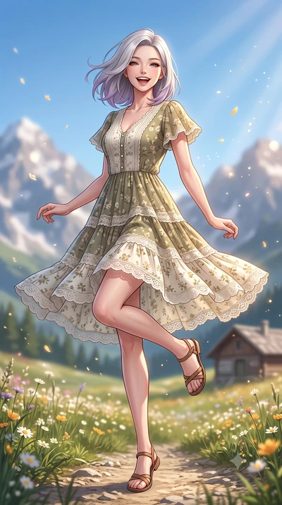 score_9, masterpiece, best quality, ultra-detailed, high-budget anime keyframe, semi-realistic 3D game render, editorial fashion photography, tasteful artistic composition, Caucasian woman. low angle full-body shot from head to toe showing her feet, 