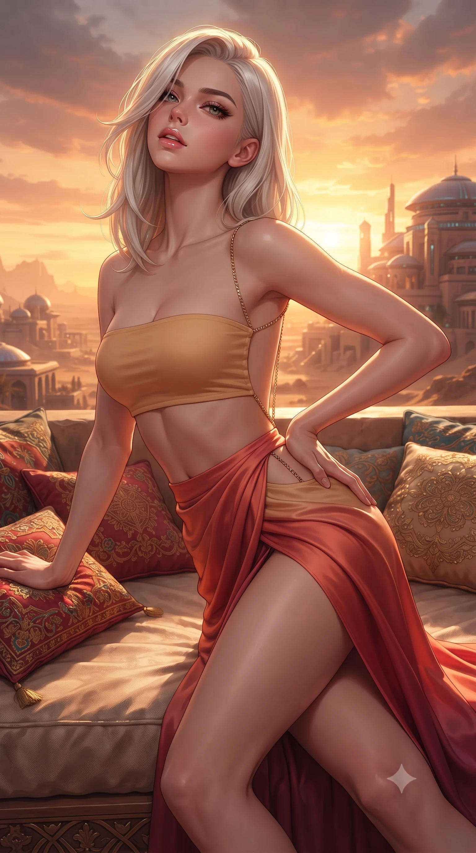 score_9, masterpiece, best quality, ultra-detailed, high-budget anime keyframe, editorial fashion photography, tasteful artistic composition, Caucasian woman. close-up cowboy shot from the waist and thighs up, the character dominates the composition, filling the frame with her large presence. tilting her chin up with proud, sovereign allure while gazing through thick eyelashes, one hand resting on her waist in pure supermodel charisma while stretching languidly across an outdoor desert daybed strewn with embroidered silk cushions, parted glossy lips glowing in molten sunset light. The surrounding environment is rendered in vivid detail and crisp panoramic clarity. breathtaking desert sunset chiaroscuro and futuristic nomad palace aesthetics rendered with precision. She has an exceptionally elegant, slender, and willowy female figure with an ultra-slim waist, a gracefully sculpted slender torso, toned flat midriff, and rounded feminine hips creating an alluring hourglass silhouette. sharp v-shaped jawline, high-bridge nose, intricate jewel-like eyes with depth, thick eyelashes, glossy parted lips with a natural sheen, intensely captivating and seductive bedroom-eyes expression, flawlessly proportioned anatomical accuracy, strict slender model proportions, natural body alignment, perfectly sculpted long slender limbs, ultra-slim waistline, clean dynamic posture without body distortion. wearing a minimalist sun-drenched tube top paired with a draped high-waisted silk maxi skirt with a daring thigh slit in sunset crimson red and desert sand, tailored from fluid silk crepe with delicate inner corsetry boning, accented with a glittering gold back chain tracing her bare spine down to her hip line, the precision-cut side openings and low-back scoop framing her graceful spine and the sensual sweep of her hips. surrounded by an exotic, sovereign, and breathlessly captivating desert mirage queen aura. ultra-reflective glossy finish, specular highlights, rich textural contrasts, high-contrast stereoscopic depth, volumetric dynamic lighting, 2k, ultra detail, master piece, 9:16 ratio