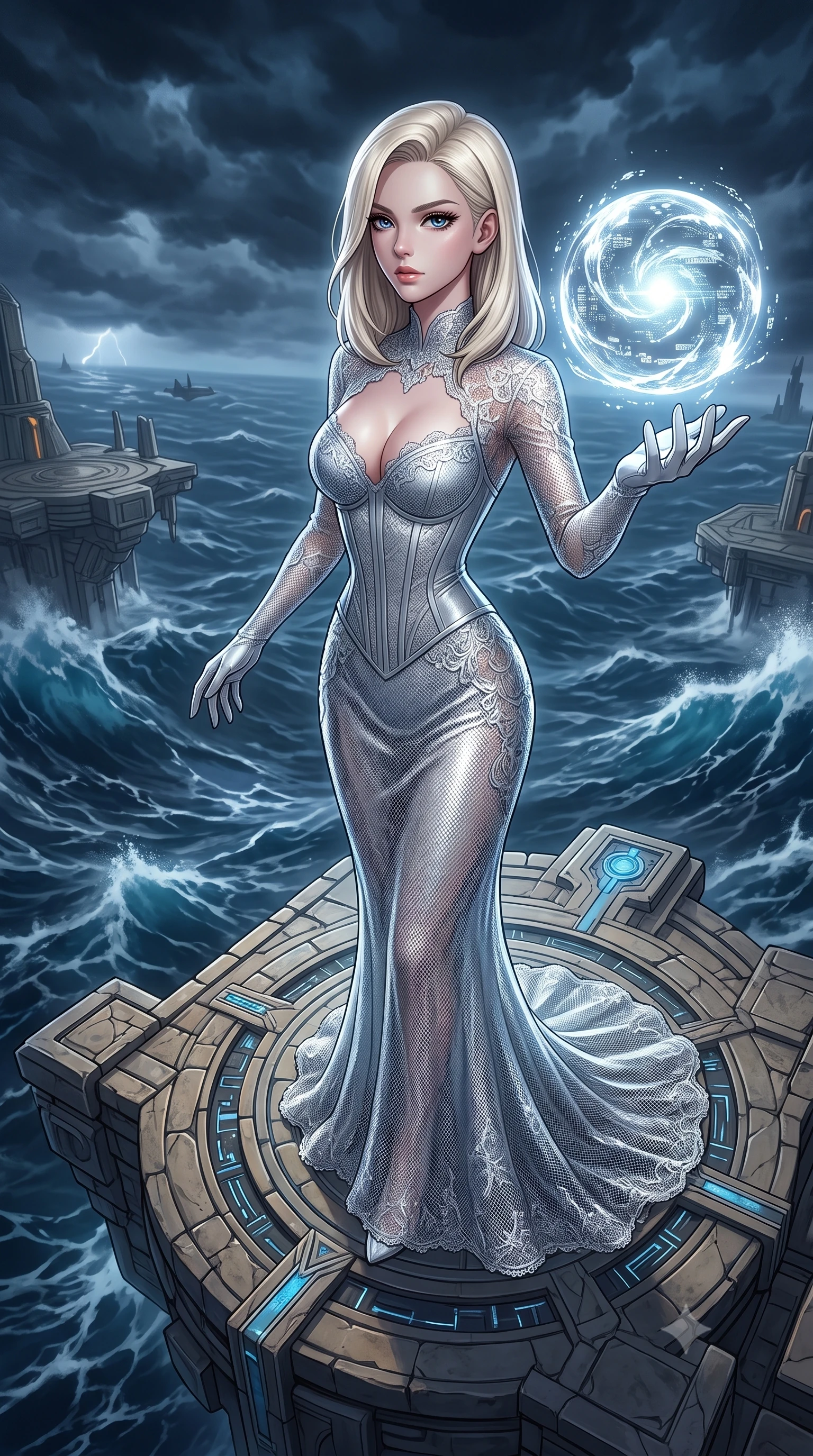score_9, masterpiece, best quality, ultra-detailed, High-budget Anime Keyframe, Caucasian woman, strictly human ears. Low angle cowboy shot filling the entire 9:16 frame with her statuesque presence. Scenario 469: reaching out to catch a floating sphere of liquid light in a floating platform suspended over a stormy sea of dark blue water. Her presence is magnetic and overpowering in this high-budget anime scene. Outfit 469: a tailored liquid silver micro-mesh lace gown layered over a structured corset bodice. The clothing is designed to emphasize her exceptionally tall and slender 8-heads proportion. 8-heads proportion, towering silhouette, ultra-slim waist. sharp v-shaped jawline, intricate jewel-like eyes with depth, thick eyelashes, glossy lips. 2k, ultra detail, master piece, 9:16 ratio