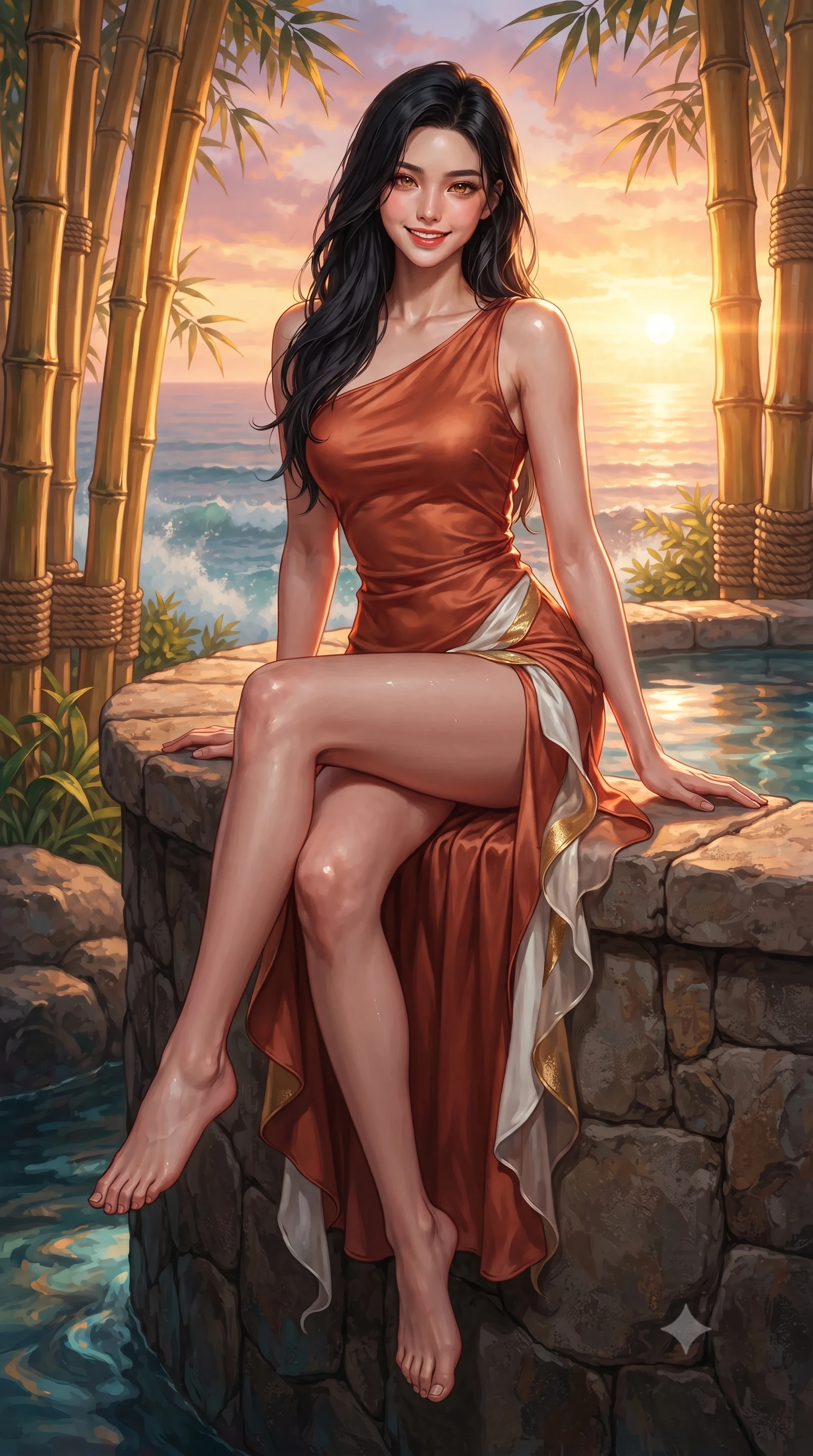 score_9, masterpiece, best quality, ultra-detailed, high-budget anime keyframe, editorial fashion photography, tasteful artistic composition, Korean woman. low angle full-body shot from head to toe showing her feet, filling the entire 9:16 vertical frame with her statuesque presence, stretching her vertical silhouette. sitting perched on the elevated stone edge with legs crossed and hips angled toward the camera, displaying her toned midriff and long slender limbs with joyful, coquettish charm while twisting her slender torso in an alluring S-curve beside the cliffside plunge pool, warm tropical trade winds sculpting her linen fit around her hips. The surrounding environment is rendered in vivid detail and crisp panoramic clarity. sharp golden bamboo stalk textures, woven rattan rope bindings, and ocean spray mist clarity in deep focus. She has an exceptionally tall and slender model-like 8.5-heads proportion, an ultra-slim waist, a flat toned midriff, narrow delicate ribcage, and beautifully sculpted feminine hips creating a graceful, slim hourglass silhouette without any bulky heaviness, with impossibly long slender legs. sharp v-shaped jawline, high-bridge nose, sparkling amber-hazel eyes with depth, long lush eyelashes, glossy sun-kissed lips with a warm coral glaze, radiant teasing smile with sensual sunlit bedroom-eyes, exuding effortless old-money elegance and intoxicating sun-drenched allure, flawlessly proportioned anatomical accuracy, strict slender model proportions, natural body alignment, perfectly sculpted long slender limbs, ultra-slim waistline, clean dynamic posture without body distortion. wearing an asymmetrical one-shoulder terracotta silk slip dress featuring a high side hip slit and fluid drape in pure alabaster white and molten gold accents, woven from layered gossamer organza with weightless flutter, finished with criss-cross back satin straps highlighting her graceful shoulder blades, the high-waisted tailoring accentuating her ultra-slim waistline and the enchanting curve of her feminine hips with alluring sunlit charm. bathed in dramatic tropical ocean sunset rays of warm gold and magenta. ultra-reflective glossy finish, specular highlights, rich textural contrasts, high-contrast stereoscopic depth, volumetric dynamic lighting, 2k, ultra detail, master piece, 9:16 ratio