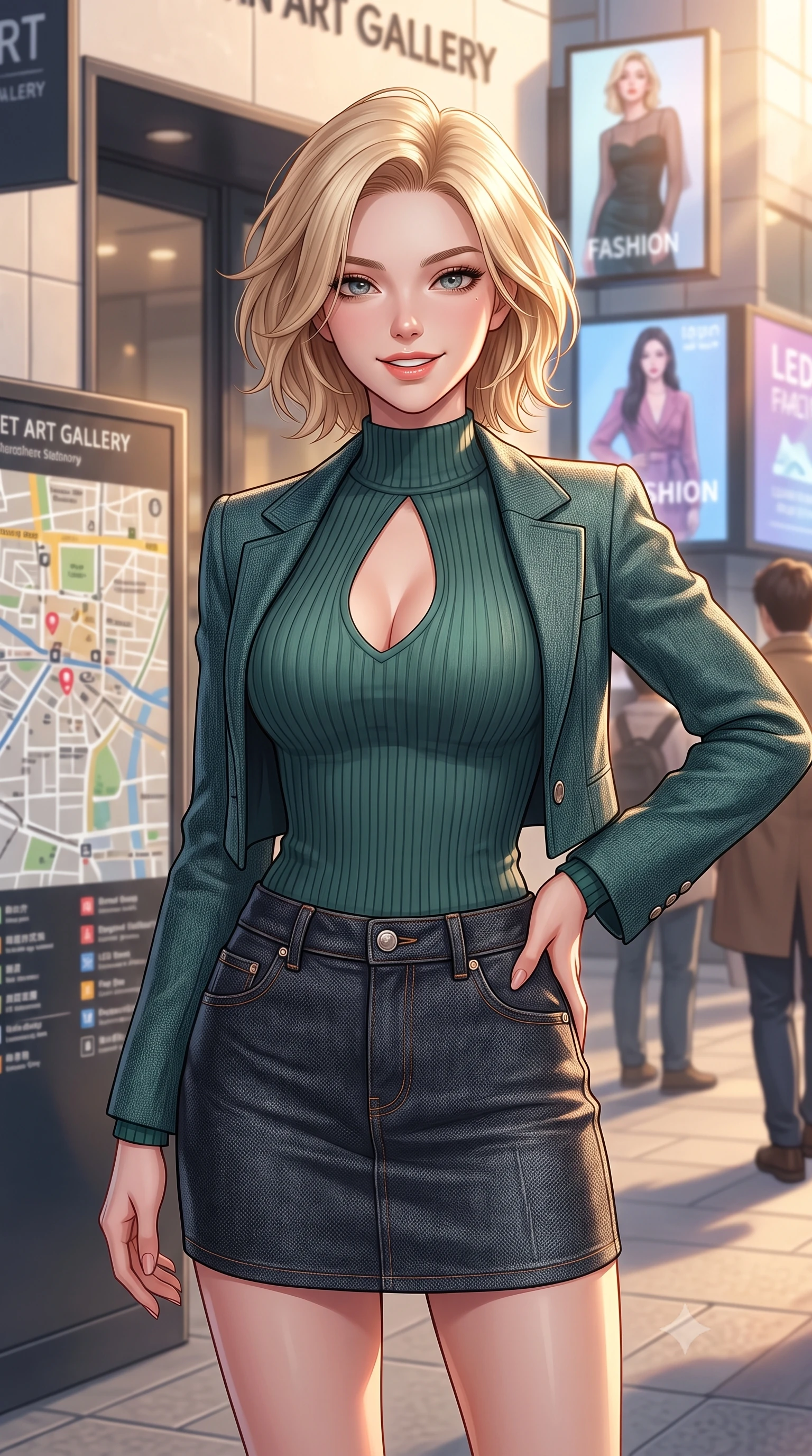 score_9, masterpiece, best quality, ultra-detailed, high-budget anime keyframe, editorial fashion photography, tasteful artistic composition, Caucasian woman. close-up cowboy shot from the waist and thighs up, the character dominates the composition, filling the frame with her large presence, background elements kept in soft focus. smiling with cute and bright self-assurance, looking directly at the viewer set against a soft-focus background of near a modern art gallery entrance on a fashionable city street with a street map board and digital fashion advertisements in the background. She has an exceptionally elegant, slender, and willowy female figure with an ultra-slim waist, a gracefully sculpted slender torso, and a refined silhouette. sharp v-shaped jawline, high-bridge nose, intricate jewel-like eyes with depth, thick eyelashes, glossy lips with a natural sheen. wearing tailored form-contouring ribbed knit top with a plunging keyhole cutout, paired with a dark denim mini skirt. soft morning sun rays painting the street in a fresh, energetic gold tone. highly saturated vibrant anime colors, detailed shading with soft gradients, rich glossy textures, high-contrast stereoscopic depth, volumetric dynamic lighting, master piece, 9:16 ratio