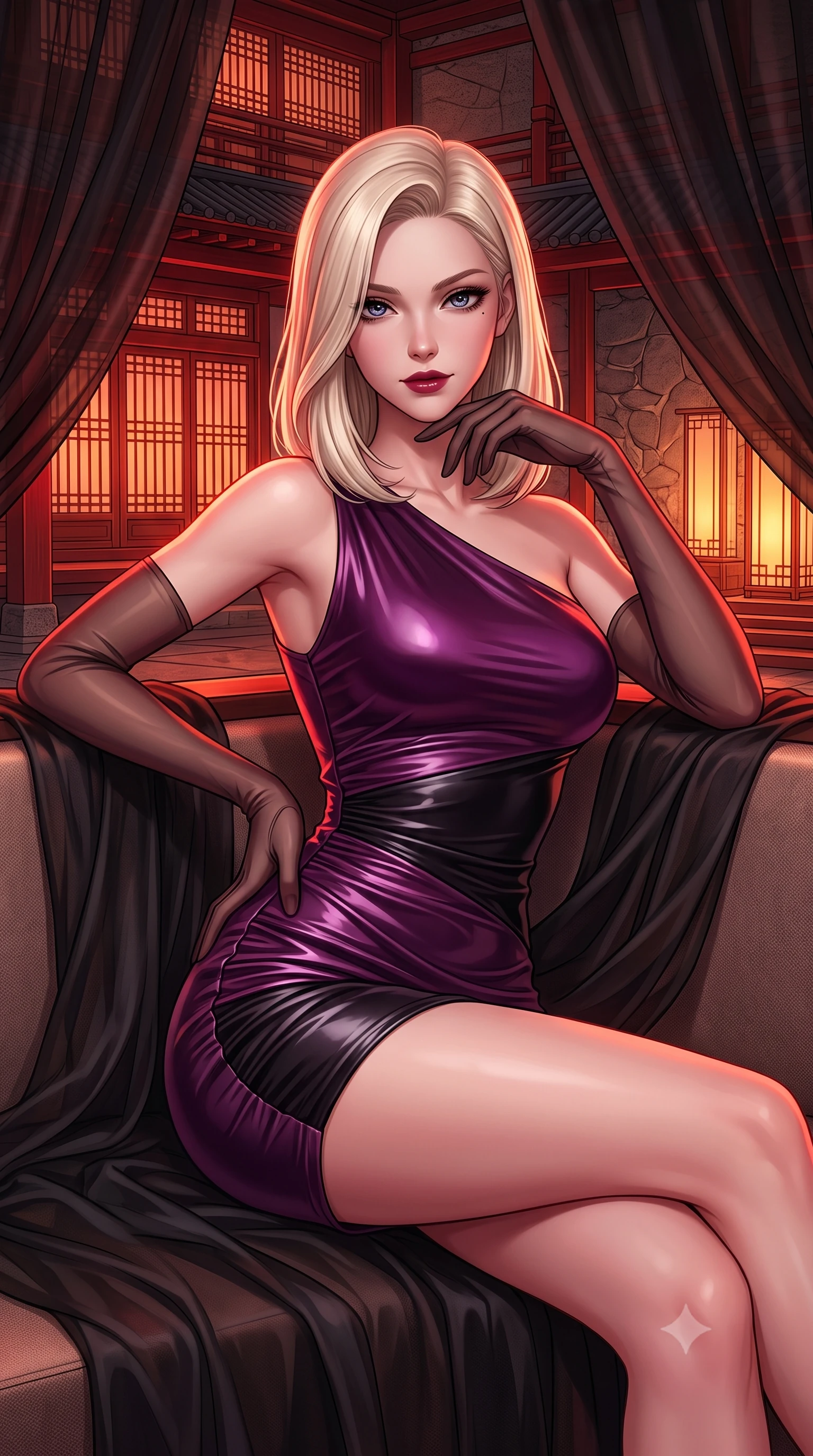score_9, masterpiece, best quality, ultra-detailed, high-budget anime keyframe, semi-realistic 3D game render, editorial fashion photography, tasteful artistic composition, Caucasian woman. close-up cowboy shot from the waist and thighs up, the character dominates the composition, filling the frame with her large presence. twisting her slender torso in an alluring contrapposto stance, one hand resting on her sculpted hip while holding a crystal glass with effortless poise while lounging in a private booth draped in black sheer silk, resting her chin on her fingers while gazing directly into the camera with bedroom-eyes. The surrounding environment is rendered in vivid detail and crisp panoramic clarity. detailed garment weave, glossy lips sheen, and contemporary oriental interior architecture in high clarity. She has an exceptionally elegant, slender, and willowy female figure with an ultra-slim waist, flat toned midriff, narrow ribcage, and sculpted feminine hips creating an alluring, slim hourglass silhouette without bulk. sharp v-shaped jawline, high-bridge nose, intricate jewel-like dark sparkling eyes with dangerous depth, thick curled eyelashes, glossy parted lips with a rich wine sheen, smoldering seductive half-smile with bedroom-eyes, exuding effortless superiority and intoxicating dark allure, flawlessly proportioned anatomical accuracy, strict slender model proportions, natural body alignment, perfectly sculpted long slender limbs, ultra-slim waistline, clean dynamic posture without body distortion. wearing a liquid-look vinyl mini dress with an asymmetric neckline and hip-defining side ruching in rich plum violet and deep onyx black, crafted from heavy fluid silk satin with a liquid mirror-like drape, complemented by sheer dark opera gloves reaching past her elbows, the form-fitting cut adhering flawlessly to her sculpted flat midriff and slender torso, emphasizing her long leg lines and perfectly proportioned willowy build. bathed in intense crimson and deep amber low-key accent lighting. highly saturated vibrant anime colors, detailed shading with soft gradients, rich glossy textures, high-contrast stereoscopic depth, volumetric dynamic lighting, master piece, 9:16 ratio