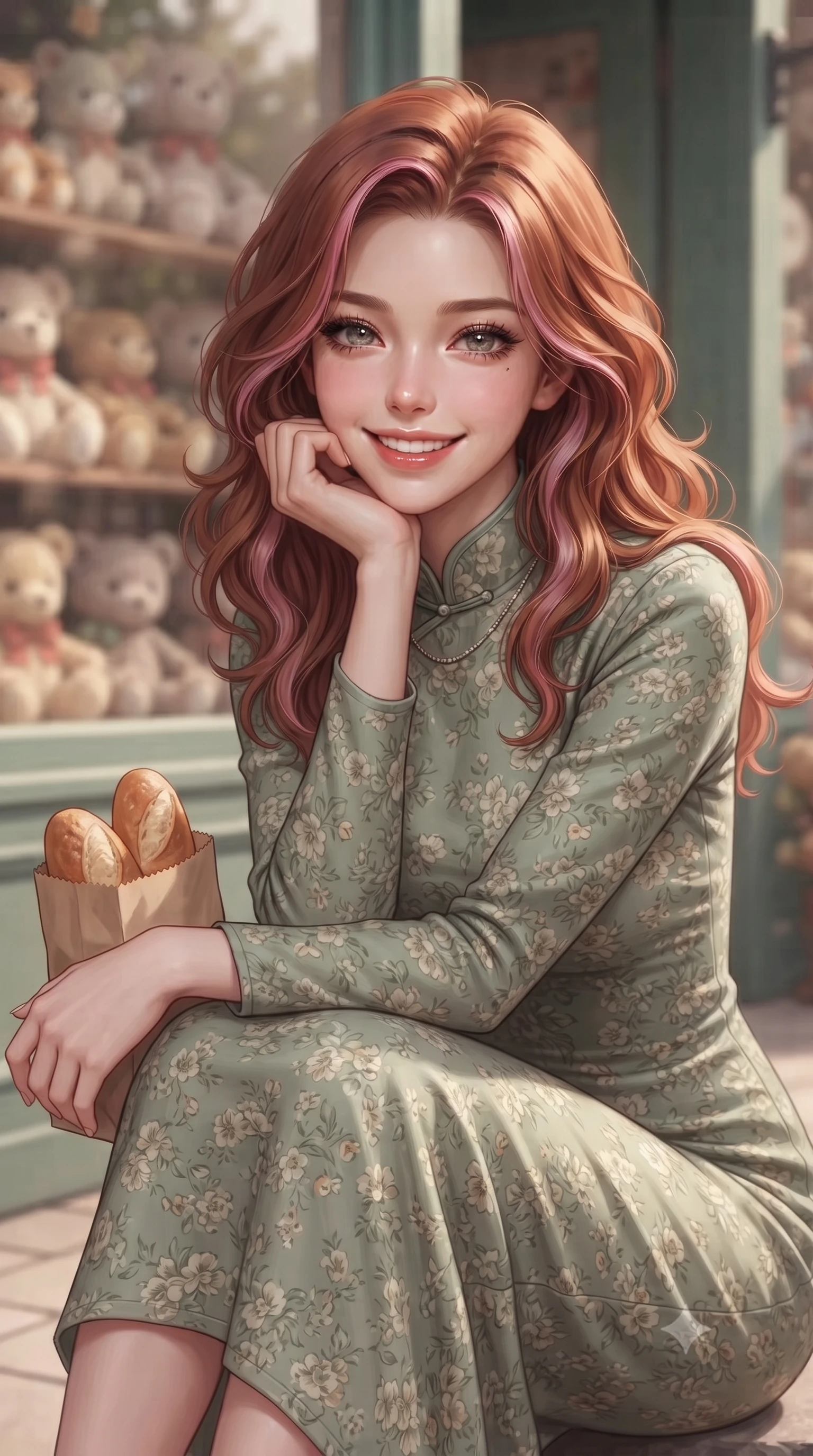 score_9, masterpiece, best quality, ultra-detailed, high-budget anime keyframe, editorial fashion photography, tasteful artistic composition, Caucasian woman. close-up cowboy shot from the waist and thighs up, the character dominates the composition, filling the frame with her large presence, background elements kept in soft focus. smiling cutely while resting her chin on her hand, looking directly into the lens set against a soft-focus background of outside a retro toy boutique with cute window displays of stuffed animals holding a small paper bag of fresh warm bread, smiling cutely. She has an exceptionally elegant, slender, and willowy female figure with an ultra-slim waist, a gracefully sculpted slender torso, and a refined silhouette. sharp v-shaped jawline, high-bridge nose, intricate jewel-like eyes with depth, thick eyelashes, glossy lips with a natural sheen. wearing form-contouring lovely floral print midi dress in sage green, featuring a high collar and long sleeves. soft diffused daylight creating a warm, cozy and nostalgic atmosphere. ultra-reflective glossy finish, specular highlights, metallic sheen, high-contrast stereoscopic depth, volumetric dynamic lighting, 2k, ultra detail, master piece, 9:16 ratio