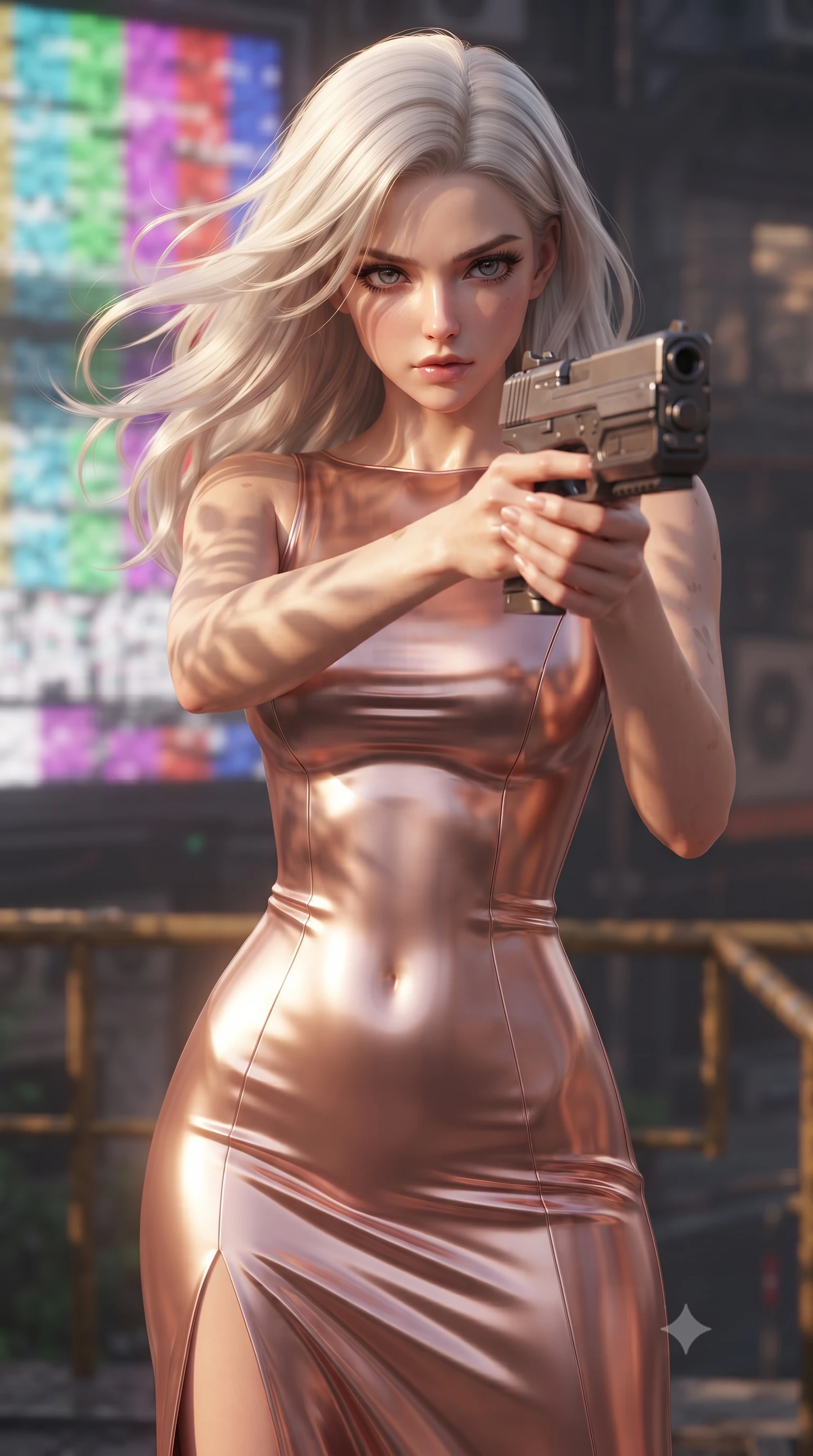 score_9, masterpiece, best quality, ultra-detailed, high-budget anime keyframe, editorial fashion photography, tasteful artistic composition, realistic cosplay photography, Caucasian woman, strictly human ears. close-up cowboy shot from the waist and thighs up, the character dominates the composition, filling the frame with her large presence, background elements kept in soft focus. Aiming a sleek holographic railgun with intense focused gaze and wind-blown hair. set against a soft-focus background of a narrow maintenance gantry behind a giant neon advertising screen that is glitching and flashing static patterns. She has an exceptionally elegant and slender, willowy female figure with an ultra-slim waist, a gracefully sculpted slender torso, and a refined slim physique. sharp v-shaped jawline, high-bridge nose, intricate jewel-like eyes with depth, thick eyelashes, glossy lips with a natural sheen. wearing tailored for maximum mobility, sleek form-contouring panels that allow fluid movement, a tailored liquid metallic rose gold evening gown with a high boat neckline, flowing like liquid metal along her statuesque slender frame. warm golden afternoon sunbeams casting soft organic leaf shadows across her skin. ultra-reflective glossy finish, specular highlights, metallic sheen, high-contrast stereoscopic depth, volumetric dynamic lighting, 2k, ultra detail, master piece, 9:16 ratio