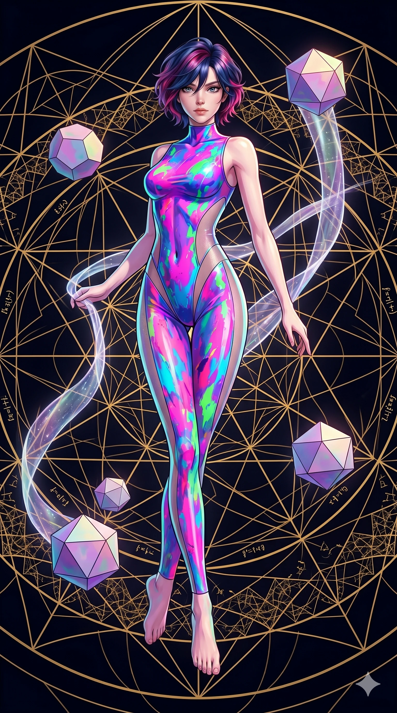 score_9, masterpiece, best quality, ultra-detailed, high-budget anime keyframe, Caucasian woman, strictly human ears. low angle full-body shot filling the entire 9:16 frame with her statuesque presence, stretching the vertical silhouette. floating gracefully in a mathematical mandala void filled with golden geometric lines of complex formulas, holding a translucent ribbon as she glides between floating regular polyhedrons. She has an absolutely perfect 8-heads proportion, an exceptionally tall and slender female figure with impossibly long slender legs and an ultra-slim waist. V-shaped jawline, high-bridge nose, intricate jewel-like eyes with depth, thick eyelashes, glossy lips with a natural sheen.. wearing a liquid acrylic splash bodysuit, featuring a skin-tight bodysuit that looks like vivid fluorescent acrylic paint splattered and dried, with sheer mesh side panels. accented by dynamic color-blocked lighting with high-contrast shadows emphasizing her statuesque height. 2k, ultra detail, master piece, 9:16 ratio