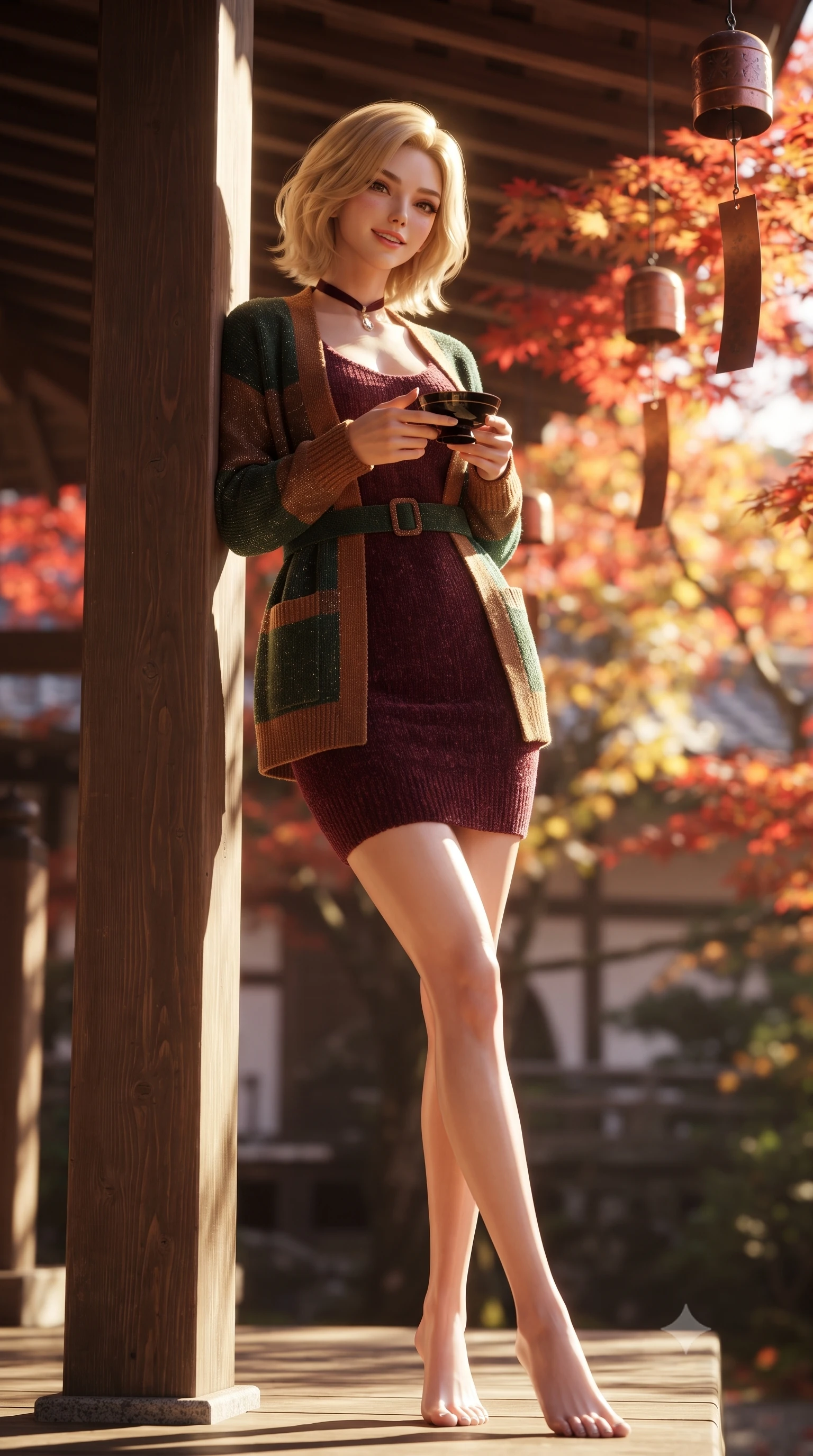 score_9, masterpiece, best quality, ultra-detailed, high-budget anime keyframe, editorial fashion photography, tasteful artistic composition, Caucasian woman. low angle full-body shot from head to toe showing her feet, filling the entire 9:16 vertical frame with her statuesque presence, stretching her vertical silhouette. leaning lightly against the sunlit architectural column with hips cocked back, flashing a warm, alluring, confident smile while holding a black lacquer teacup with both hands on the veranda, looking up toward the camera with an enchanting, peaceful smile. The background shows a soft-focus traditional cedar eaves and hanging copper wind chimes softened in timeless autumn temple sanctuary shallow focus. She has an exceptionally tall and slender model-like 8.5-heads proportion, an ultra-slim waist, a flat toned midriff, narrow delicate ribcage, and beautifully sculpted feminine hips creating a graceful, slim hourglass silhouette without any bulky heaviness, with impossibly long slender legs. sharp v-shaped jawline, high-bridge nose, intricate jewel-like sparkling eyes with depth, thick eyelashes, glossy parted lips with a natural peach sheen, bright cheerful beaming smile with an enchanting and coquettish sensual glint, exuding both youthful cute charm and seductive allure, flawlessly proportioned anatomical accuracy, strict slender model proportions, natural body alignment, perfectly sculpted long slender limbs, ultra-slim waistline, clean dynamic posture without body distortion. wearing a form-fitting plush chenille knit bodycon dress hugging her torso and hips, layered with a belted open wool cardigan in heritage British racing green and warm cognac brown, woven from stretch metallic lurex knit casting subtle luminous champagne glints across her contours, finished with a narrow velvet neck ribbon and a sparkling teardrop crystal pendant, the form-contouring silhouette accentuating her sculpted flat midriff, narrow delicate ribcage, and gracefully curvy hips with intoxicating allure. bathed in filtered golden autumn sunlight dappled through brilliant red and orange maple foliage. ultra-reflective glossy finish, specular highlights, rich textural contrasts, high-contrast stereoscopic depth, volumetric dynamic lighting, 2k, ultra detail, master piece, 9:16 ratio