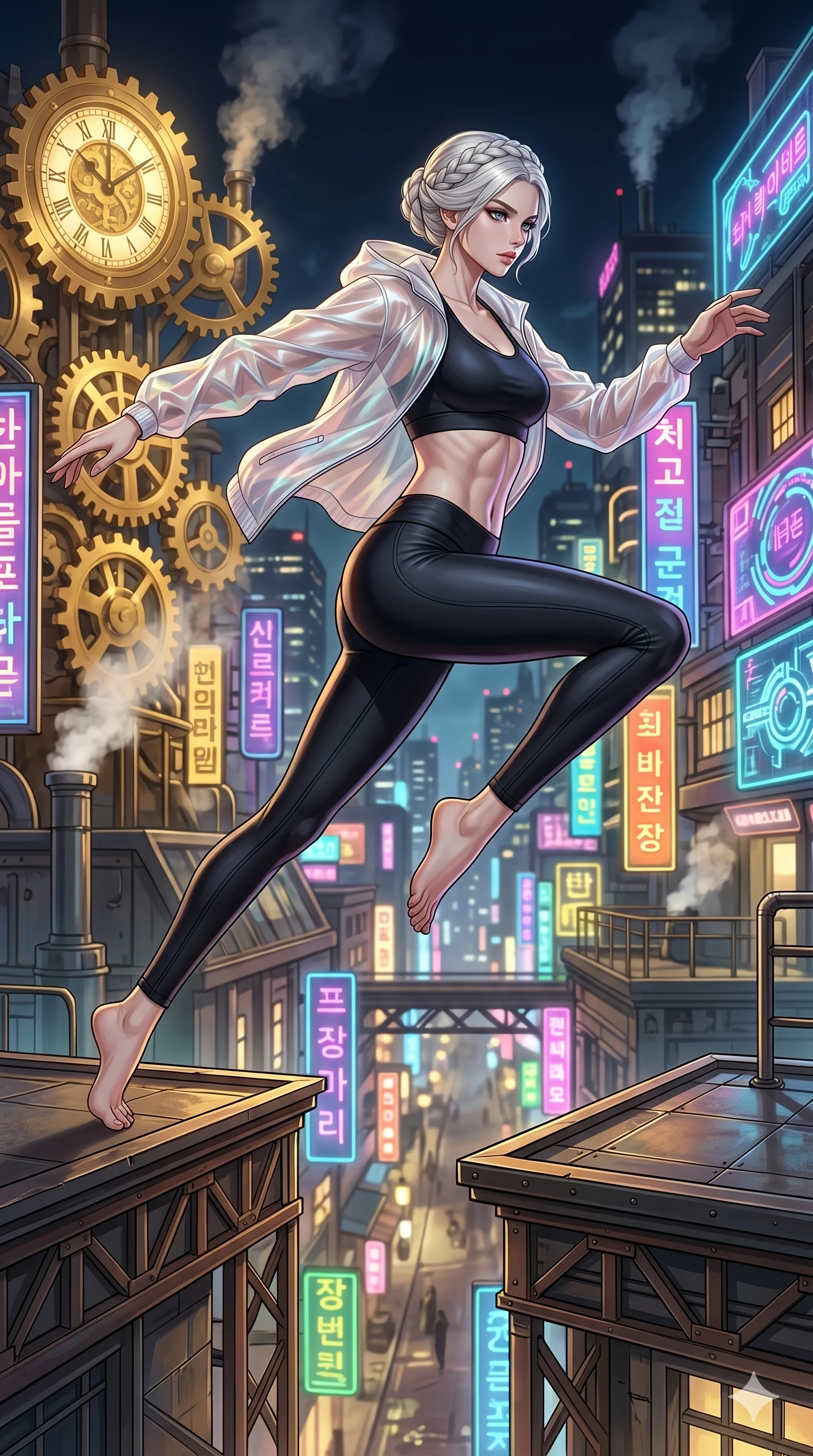 score_9, masterpiece, best quality, ultra-detailed, Set C: High-budget Anime Keyframe, Korean woman. Low angle cowboy shot filling the entire 9:16 frame with her statuesque presence. Leaping across the rooftops of a steampunk city at night with neon lights. She has an absolutely perfect 8-heads proportion, an exceptionally tall and slender female figure with impossibly long slender legs and an ultra-slim waist. Sharp v-shaped jawline, high-bridge nose, intricate jewel-like eyes with depth, thick eyelashes, glossy lips. Wearing a Premium Athleisure outfit: sleek activewear with a sheer windbreaker and exposed midriff. Background is a bright and colorful city with golden gears, steam, and vibrant neon signs. 2k, ultra detail, master piece, 9:16 ratio