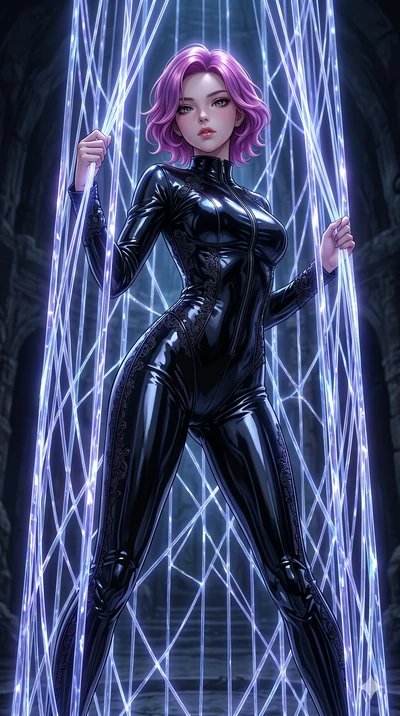 score_9, masterpiece, best quality, ultra-detailed, High-budget Anime Keyframe, East Asian woman. Dynamic full-body shot stretching the vertical silhouette to the limit. Scenario 182: Trapped in a cage of glowing crystalline fibers, body pressing aga