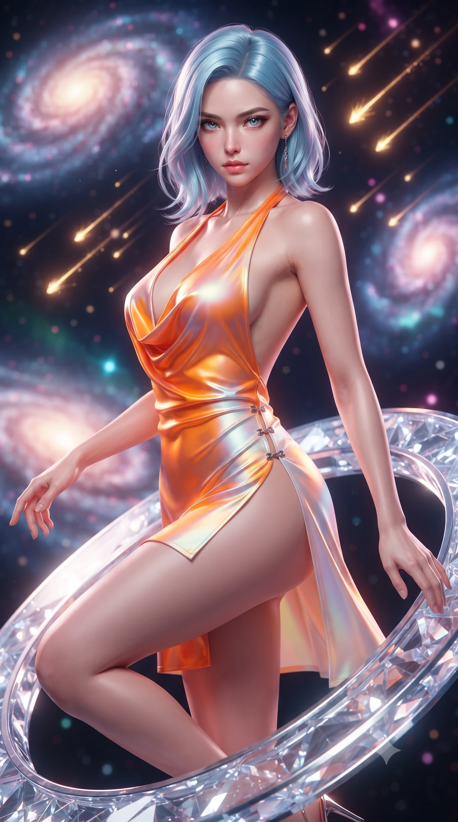 score_9, masterpiece, best quality, ultra-detailed, high-budget anime keyframe, editorial fashion photography, tasteful artistic composition, Korean woman. close-up cowboy shot from the waist and thighs up, the character dominates the composition, filling the frame with her large presence. gazing directly into the lens with bedroom eyes and a breathtaking, dangerous allure that commands the entire composition while pivoting dynamically on a crystalline observation ring as a shower of glowing golden shooting stars streaks behind her. The composition keeps background elements in soft focus with creamy bokeh. swirling spiral galaxies and glowing nebula gas clouds blurred into dreamy magenta, cyan, and violet bokeh. She has an exceptionally elegant, slender, and willowy female figure with an ultra-slim waist, a gracefully sculpted slender torso, toned flat midriff, and a refined slim silhouette. sharp v-shaped jawline, high-bridge nose, intricate jewel-like eyes with depth, thick eyelashes, glossy lips with a natural sheen, flawlessly proportioned anatomical accuracy, strict slender model proportions, natural body alignment, perfectly sculpted long slender limbs, ultra-slim waistline, clean dynamic posture without body distortion. wearing a form-contouring liquid satin halter-neck mini dress with a deep crossover cowl front, open back, and ultra-slender waist drape in vivid sunset amber orange and cloud white, made of smooth iridescent silk chiffon that shifts colors with movement, finished with an ultra-high side slit secured by miniature magnetic clasps, the glove-like aerodynamic second-skin fit tightly clinging to her ultra-slender waist and athletic curves without adding bulk, accentuating her razor-sharp statuesque lines and slim hourglass silhouette. surrounded by an awe-inspiring, divine, and radiantly sensual cosmic goddess aura. ultra-reflective glossy finish, specular highlights, metallic sheen, high-contrast stereoscopic depth, volumetric dynamic lighting, 2k, ultra detail, master piece, 9:16 ratio
