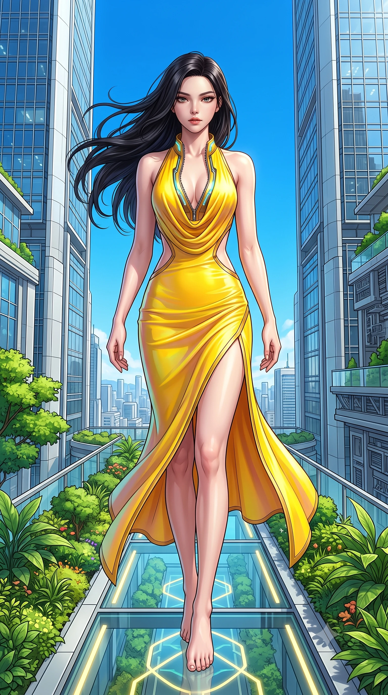 score_9, masterpiece, best quality, ultra-detailed, high-budget anime keyframe, semi-realistic 3D game render, editorial fashion photography, tasteful artistic composition, Korean woman. low angle full-body shot from head to toe showing her feet, filling the entire 9:16 vertical frame with her statuesque presence, stretching her vertical silhouette. performing an alluring mid-air vault with flawless poise, looking directly into the camera with smoldering intensity while stepping along a verdant sky-garden walkway suspended between twin gleaming architectural towers. The surrounding environment is rendered in vivid detail and crisp panoramic clarity. vibrant contrast between lush green flora, modern architecture, and brilliant blue sky in panoramic precision. She has an absolutely perfect, statuesque 8.5-heads proportion, an exceptionally tall and slender model-like female figure with impossibly long slender legs, a toned flat midriff, and an ultra-slim waist. sharp v-shaped jawline, high-bridge nose, intricate jewel-like eyes with depth, thick eyelashes, glossy lips with a natural sheen, flawlessly proportioned anatomical accuracy, strict slender model proportions, natural body alignment, perfectly sculpted long slender limbs, ultra-slim waistline, clean dynamic posture without body distortion. wearing a precision-fitted liquid jersey bodycon dress with a dramatic draped cowl back that swoops down to her waist and a high side slit in vibrant sunburst canary yellow and gold trim, made of smooth iridescent silk chiffon that shifts colors with movement, featuring a dangerously unzipped neckline framed by glowing cybernetic accents, the precision-cut daring openings accentuating her delicate midriff, graceful bare collarbones, and ultra-slim feminine waistline. illuminated by crisp specular highlights tracing her sculpted collarbones and waistline. highly saturated vibrant anime colors, detailed shading with soft gradients, rich glossy textures, high-contrast stereoscopic depth, volumetric dynamic lighting, master piece, 9:16 ratio