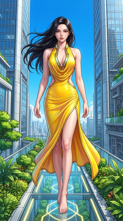 score_9, masterpiece, best quality, ultra-detailed, high-budget anime keyframe, semi-realistic 3D game render, editorial fashion photography, tasteful artistic composition, Korean woman. low angle full-body shot from head to toe showing her feet, fil
