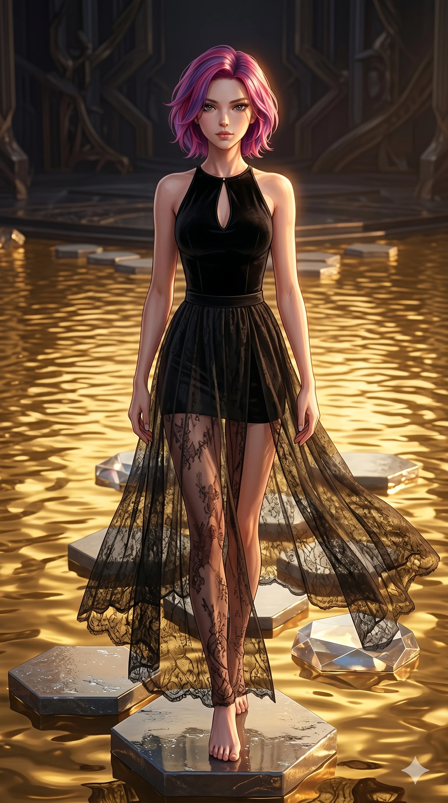 score_9, masterpiece, best quality, ultra-detailed, high-budget anime keyframe, editorial fashion photography, tasteful artistic composition, Caucasian woman, strictly human ears. cowboy shot from the thighs up, character and outfit filling the frame for maximum editorial presence. Holding steady direct eye contact with magnetic, commanding confidence on a pathway of geometric stepping stones floating across a lake of liquid gold. She has an absolutely perfect 8-heads proportion, an exceptionally tall and slender female figure with impossibly long slender legs and an ultra-slim waist. V-shaped jawline, high-bridge nose, intricate jewel-like eyes with depth, thick eyelashes, glossy lips with a natural sheen. wearing a black velvet bodysuit with a keyhole neck, worn under a sheer lace maxi skirt with a solid mini-skirt lining. lit by dramatic chiaroscuro with a single golden key light carving her facial contours and figure. 2k, ultra detail, master piece, 9:16 ratio
