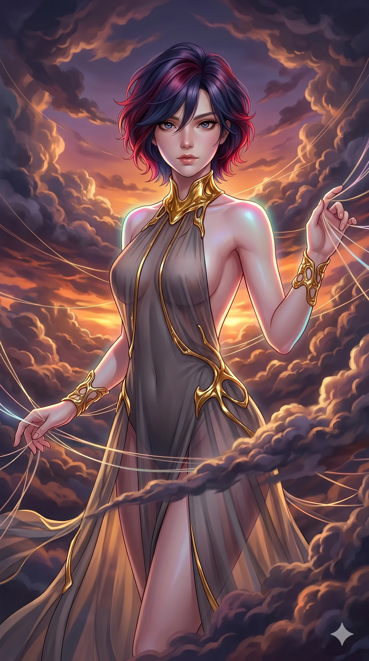 score_9, masterpiece, best quality, ultra-detailed, high-budget anime keyframe, Caucasian woman, strictly human ears. upper body close-up from the thighs up, character filling the screen for maximum presence. threading through a volumetric cloud weave where storm clouds are spun like silk thread under a dramatic sunset glow. She has an absolutely perfect 8-heads proportion, an exceptionally tall and slender female figure with impossibly long slender legs and an ultra-slim waist. V-shaped jawline, high-bridge nose, intricate jewel-like eyes with depth, thick eyelashes, glossy lips with a natural sheen.. wearing a molten gold and chiffon gown, featuring organic liquid gold collar and cuffs on a translucent charcoal-gray halter neck chiffon gown with a deep backless design. enhanced by a luminous pastel spectrum glow, casting elegant rim lights on her shoulders and jawline. 2k, ultra detail, master piece, 9:16 ratio