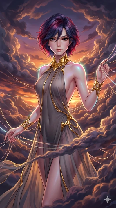 score_9, masterpiece, best quality, ultra-detailed, high-budget anime keyframe, Caucasian woman, strictly human ears. upper body close-up from the thighs up, character filling the screen for maximum presence. threading through a volumetric cloud weav
