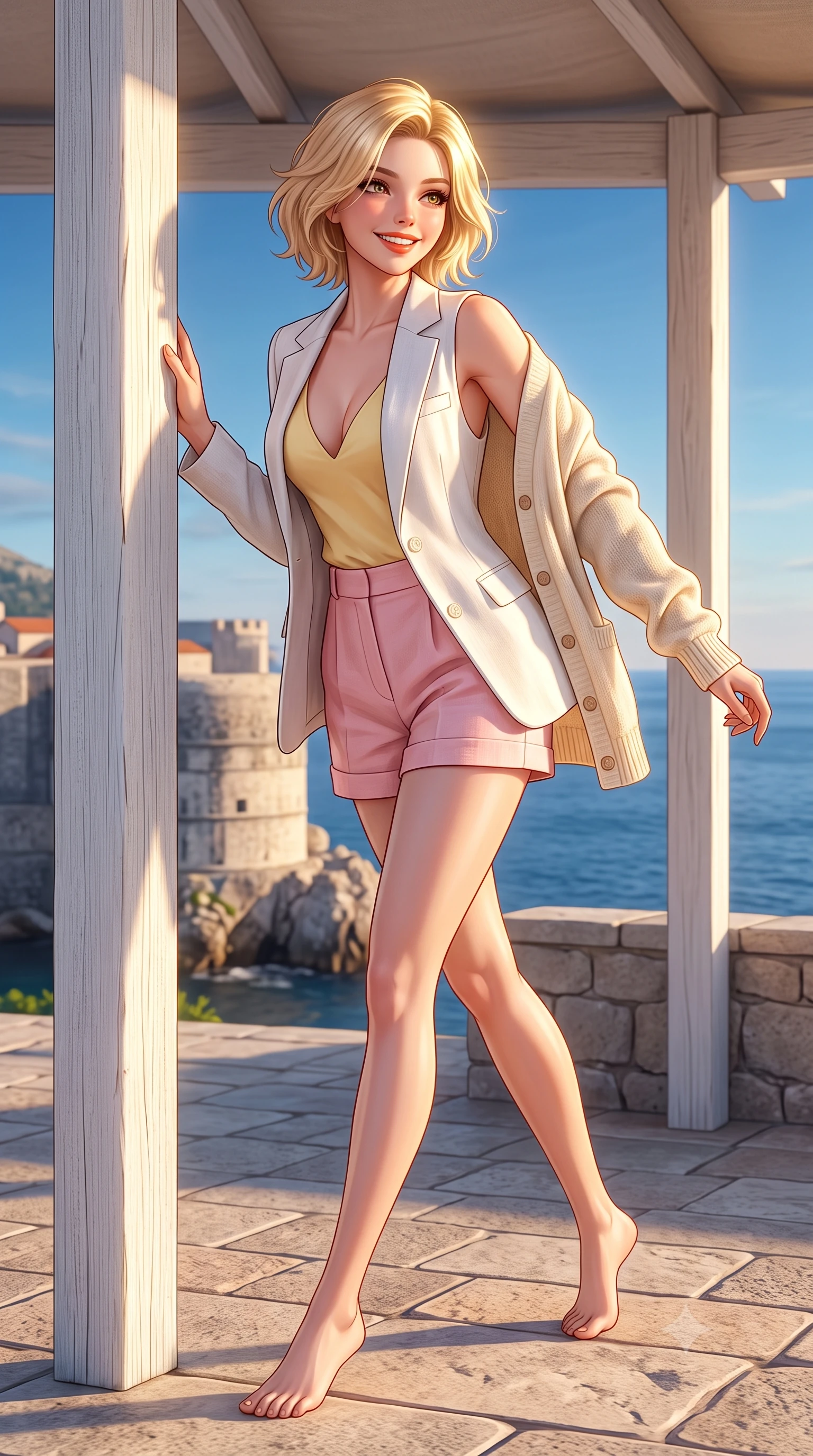 score_9, masterpiece, best quality, ultra-detailed, high-budget anime keyframe, semi-realistic 3D game render, editorial fashion photography, tasteful artistic composition, Caucasian woman. low angle full-body shot from head to toe showing her feet, filling the entire 9:16 vertical frame with her statuesque presence, stretching her vertical silhouette. stepping forward gracefully across the terrace in mid-motion with a radiant beaming smile, hips swaying in an alluring kinetic rhythm that accentuates her curvy hourglass silhouette and long slender legs while leaning against the white timber cabana post with hips cocked back, looking over her shoulder with an enchanting, playful beach smile. The surrounding environment is rendered in vivid detail and crisp panoramic clarity. detailed resort knit dress weave, sunburst highlights in hair, and medieval fortress stone clarity in high resolution. She has an exceptionally tall and slender model-like 8.5-heads proportion, an ultra-slim waist, a flat toned midriff, narrow delicate ribcage, and beautifully sculpted feminine hips creating a graceful, slim hourglass silhouette without any bulky heaviness, with impossibly long slender legs. sharp v-shaped jawline, high-bridge nose, sparkling amber-hazel eyes with depth, long lush eyelashes, glossy sun-kissed lips with a warm coral glaze, radiant teasing smile with sensual sunlit bedroom-eyes, exuding effortless old-money elegance and intoxicating sun-drenched allure, flawlessly proportioned anatomical accuracy, strict slender model proportions, natural body alignment, perfectly sculpted long slender limbs, ultra-slim waistline, clean dynamic posture without body distortion. wearing a breezy white linen tailored blazer worn over a plunging-V camisole and high-waisted tailored linen shorts in sweet strawberry milk and warm butter yellow, tailored from crisp cotton poplin with clean structural architectural lines, complemented by an oversized soft cashmere knit cardigan slipping off one bare shoulder, the form-contouring cut accentuating her sculpted flat midriff, narrow delicate ribcage, and gracefully curvy hips with sun-drenched supermodel elegance. bathed in warm Adriatic golden hour rays casting long dramatic shadows. highly saturated vibrant anime colors, detailed shading with soft gradients, rich glossy textures, high-contrast stereoscopic depth, volumetric dynamic lighting, master piece, 9:16 ratio