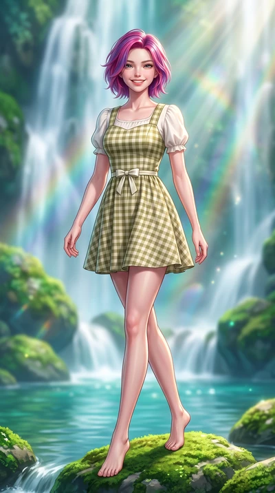 score_9, masterpiece, best quality, ultra-detailed, high-budget anime keyframe, semi-realistic 3D game render, editorial fashion photography, tasteful artistic composition, Caucasian woman. low angle full-body shot from head to toe showing her feet, 