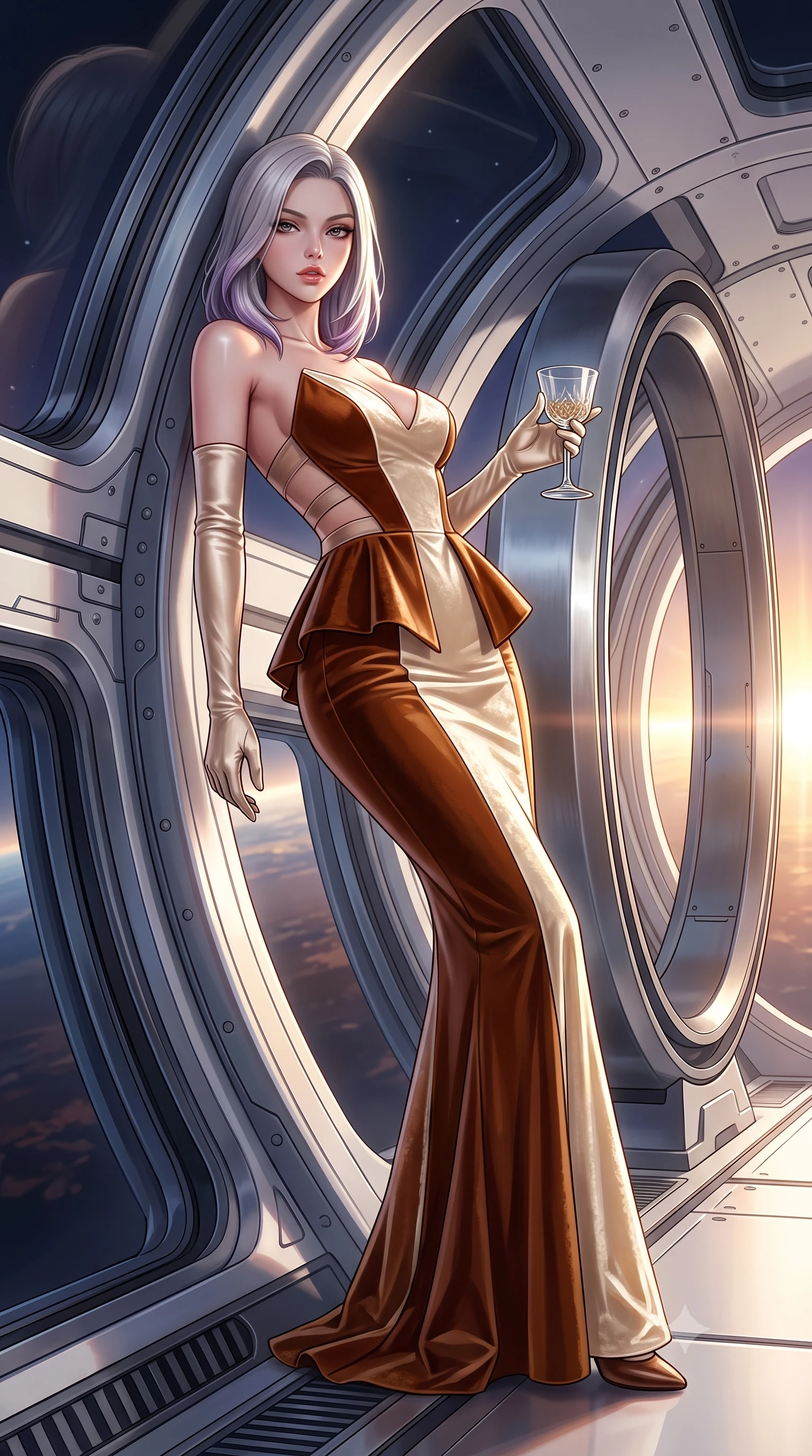 score_9, masterpiece, best quality, ultra-detailed, high-budget anime keyframe, semi-realistic 3D game render, editorial fashion photography, tasteful artistic composition, Caucasian woman. low angle full-body shot from head to toe showing her feet, filling the entire 9:16 vertical frame with her statuesque presence, stretching her vertical silhouette. leaning deep against the structural architecture with hips cocked in an unapologetically bold, seductive high-fashion stance while floating weightlessly beside an architectural titanium lounge ring, arching her spine in a fluid, dancer-like line as orbital sunrise floods her silhouette. The surrounding environment is rendered in vivid detail and crisp panoramic clarity. sharp curved station viewport frames, titanium bulkhead rivets, and magnetic deck seams in deep focus. She has an exceptionally tall and slender model-like 8.5-heads proportion, an ultra-slim waist, a flat toned midriff, narrow delicate ribcage, and beautifully sculpted feminine hips creating a graceful, slim hourglass silhouette without any bulky heaviness, with impossibly long slender legs. sharp v-shaped jawline, high-bridge nose, intricate jewel-like eyes with depth, thick eyelashes, glossy parted lips with a natural sheen, intensely captivating and seductive bedroom-eyes expression, flawlessly proportioned anatomical accuracy, strict slender model proportions, natural body alignment, perfectly sculpted long slender limbs, ultra-slim waistline, clean dynamic posture without body distortion. wearing a structural geometric peplum gown with sheer side-ribbon cutouts and form-fitting skirt in rich equestrian cognac brown and crisp champagne cream, crafted from heavyweight crushed silk velvet with liquid vintage luster, accessorized with opera-length satin gloves and a vintage crystal glass, the form-contouring material adhering flawlessly to her sculpted flat midriff and slender torso, emphasizing her long leg lines and perfectly proportioned willowy build. illuminated by sleek metallic specular reflections sharply defining her bare collarbones, ultra-slim waist, and curvy hips. highly saturated vibrant anime colors, detailed shading with soft gradients, rich glossy textures, high-contrast stereoscopic depth, volumetric dynamic lighting, master piece, 9:16 ratio