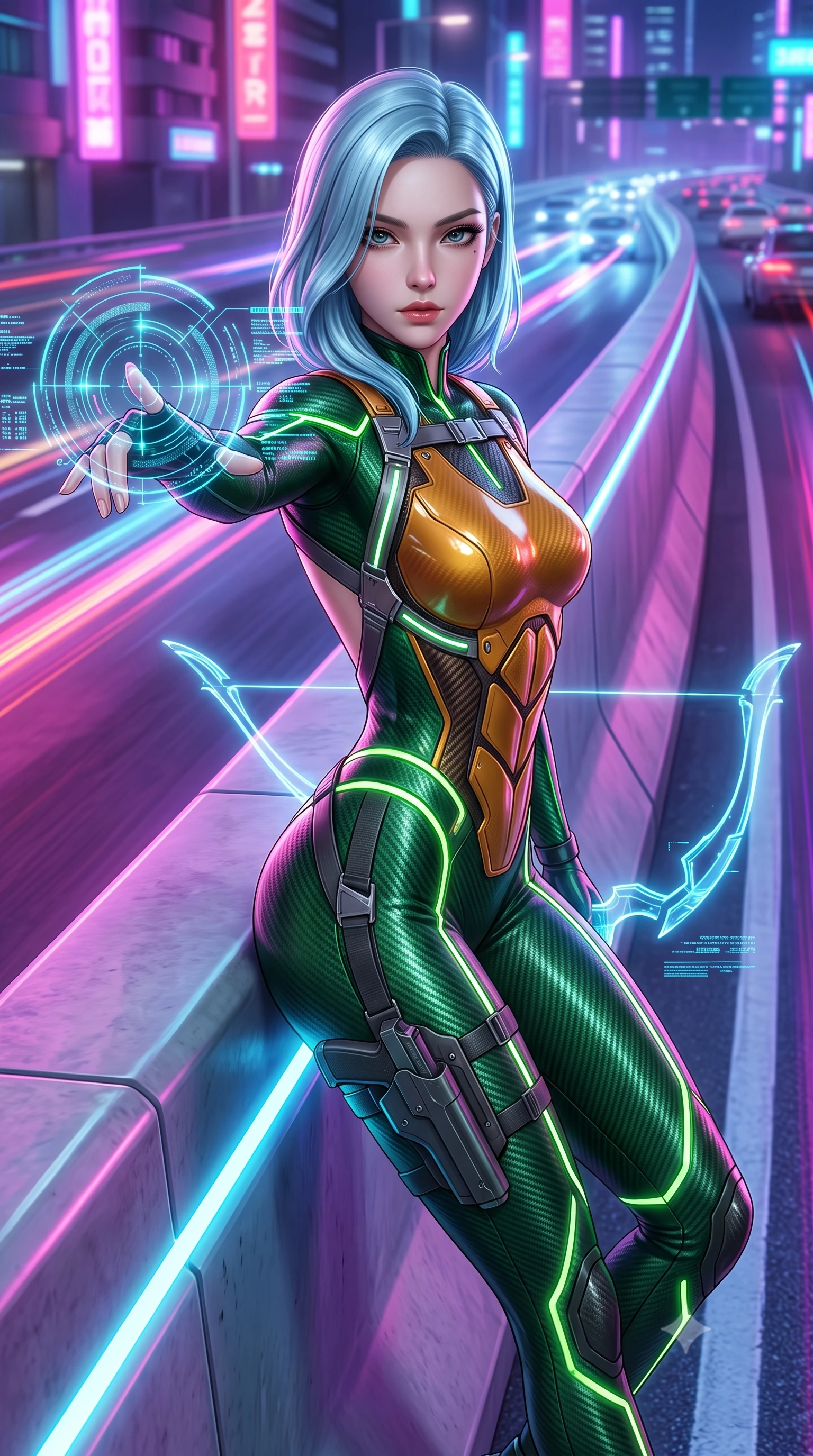 score_9, masterpiece, best quality, ultra-detailed, high-budget anime keyframe, semi-realistic 3D game render, editorial fashion photography, tasteful artistic composition, Korean woman. close-up cowboy shot from the waist and thighs up, the character dominates the composition, filling the frame with her large presence. extending one arm gracefully as glowing holographic targeting reticles and data streams orbit her fingertips with sovereign power while leaning against a sleek highway divider barrier with blades resting at her sides, looking into the lens with a dangerous smolder. The surrounding environment is rendered in vivid detail and crisp panoramic clarity. vibrant high-contrast neon illumination and high-speed cyberpunk kinetic energy rendered with precision. She has an exceptionally elegant, slender, and willowy female figure with an ultra-slim waist, a gracefully sculpted slender torso, toned flat midriff, and a refined slim silhouette. sharp v-shaped jawline, high-bridge nose, intricate jewel-like eyes with depth, thick eyelashes, glossy lips with a natural sheen, flawlessly proportioned anatomical accuracy, strict slender model proportions, natural body alignment, perfectly sculpted long slender limbs, ultra-slim waistline, clean dynamic posture without body distortion. wearing a tailored emerald-green carbon-fiber tactical jumpsuit with glowing lime LED channels and an open cowl back, drawing a floating holographic photon energy bow with supreme grace in molten amber-gold carbon cuirass with dark titanium weave, formed from high-gloss patent carbon-plating with specular chiaroscuro reflections, reinforced by a sleek titanium tactical harness and glowing micro-energy straps, the liquid-tight tailored fabric emphasizing every curve of her tall, slender model proportions and sculptured silhouette during dynamic movement. surrounded by a fast, fierce, and intoxicatingly seductive cyber-assassin muse aura. rich saturated anime colors with glowing neon highlights, detailed shading with soft gradients, rich glossy textures, high-contrast stereoscopic depth, volumetric dynamic lighting, master piece, 9:16 ratio