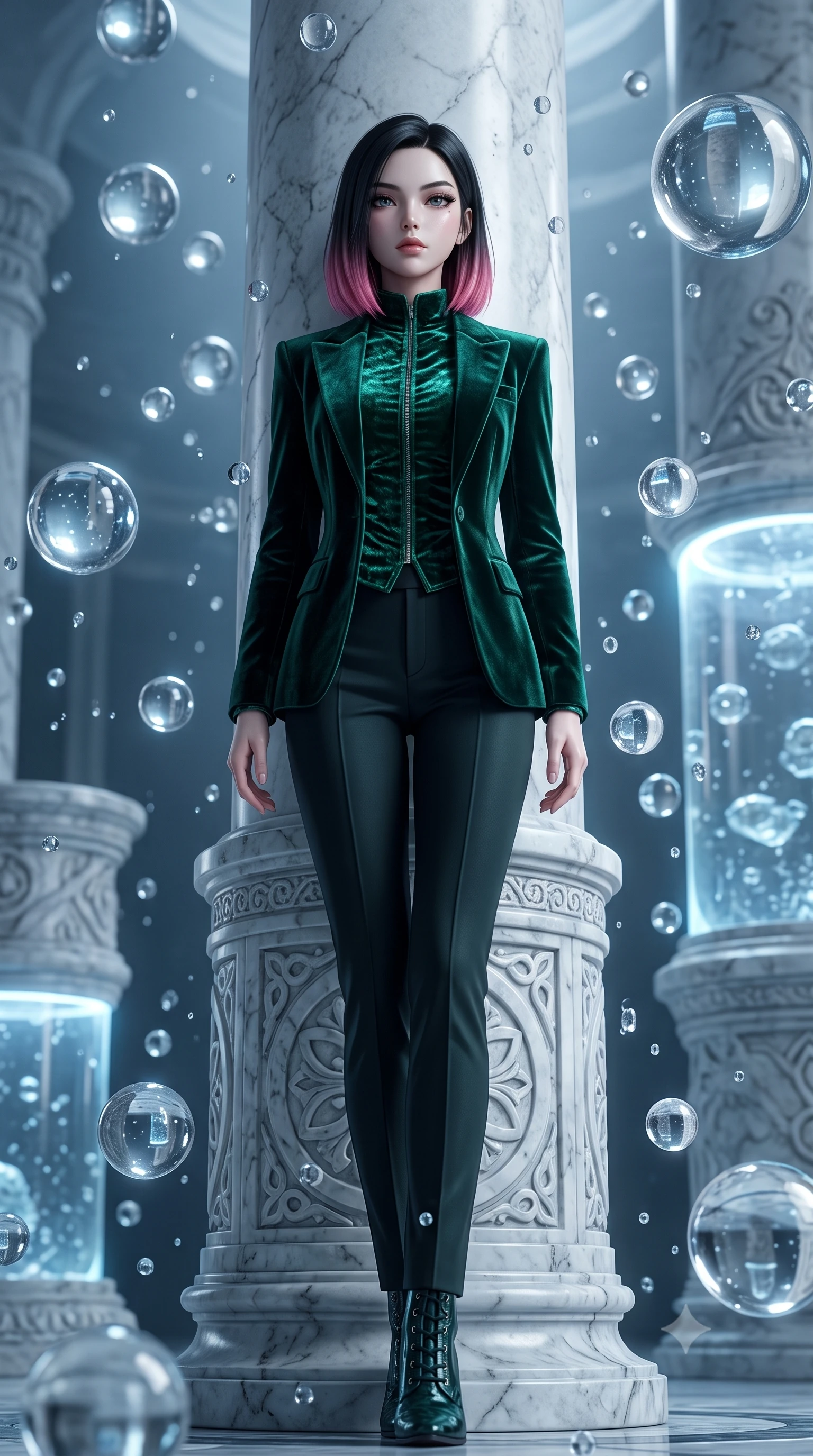 score_9, masterpiece, best quality, ultra-detailed, High-budget Anime Keyframe, East Asian woman. Low angle cowboy shot filling the entire 9:16 frame with her statuesque presence. Scenario 438: leaning against a cold marble pillar inside a zero-gravity sanctuary filled with floating water spheres. Her presence is magnetic and overpowering in this high-budget anime scene. Outfit 438: a body-hugging emerald green crushed velvet jacket layered under a structured velvet blazer. The clothing is designed to emphasize her exceptionally tall and slender 8-heads proportion. 8-heads proportion, towering silhouette, ultra-slim waist. sharp v-shaped jawline, intricate jewel-like eyes with depth, thick eyelashes, glossy lips. 2k, ultra detail, master piece, 9:16 ratio