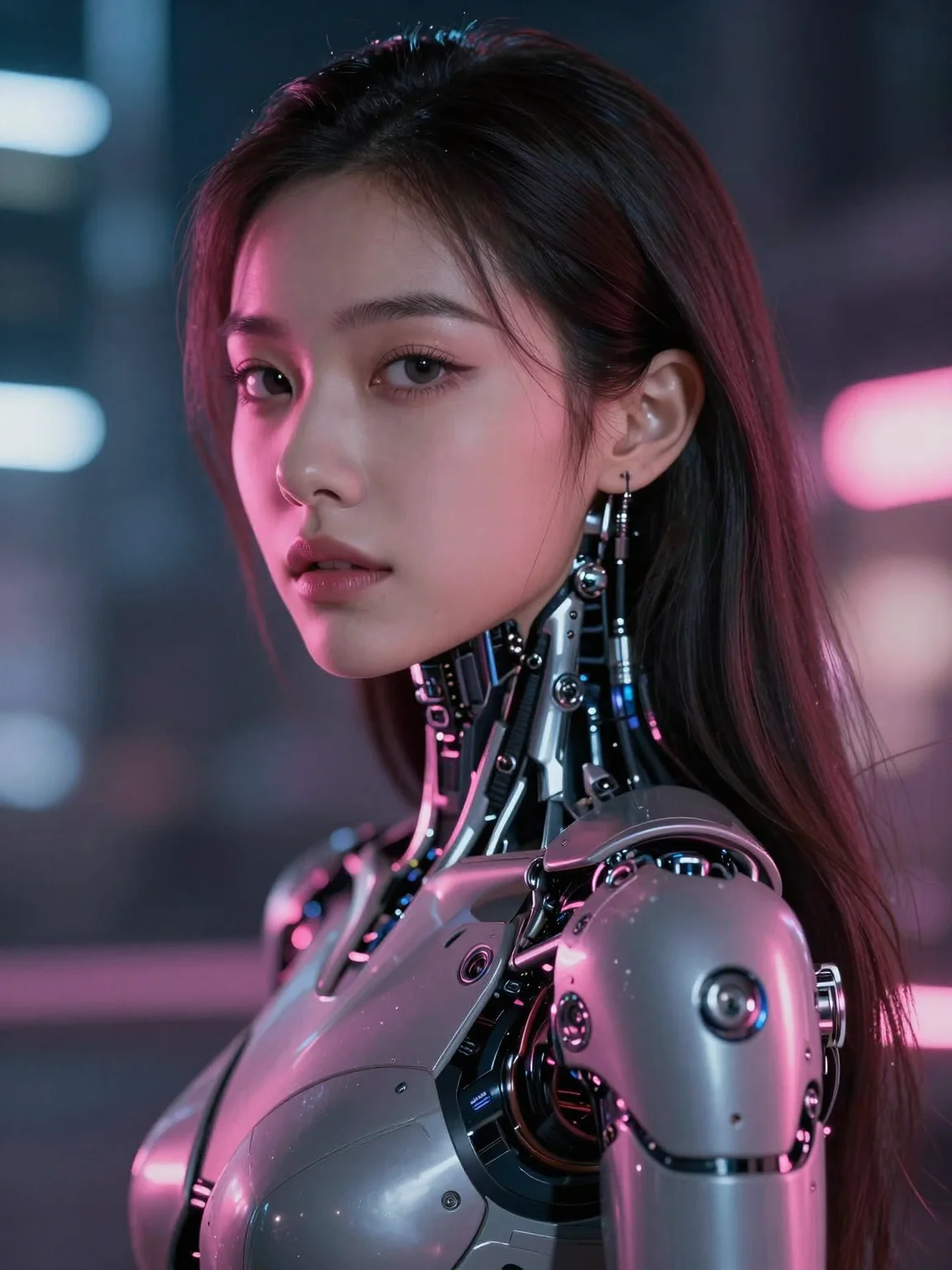 (masterpiece:1.2), best quality, high-tech beauty, (1girl:1.3), stunning cyberpunk woman, robotic arm, beautiful face half-lit by pink neon, (cybernetic details:1.1), urban night, 2k, ultra detail, 3:4 ratio