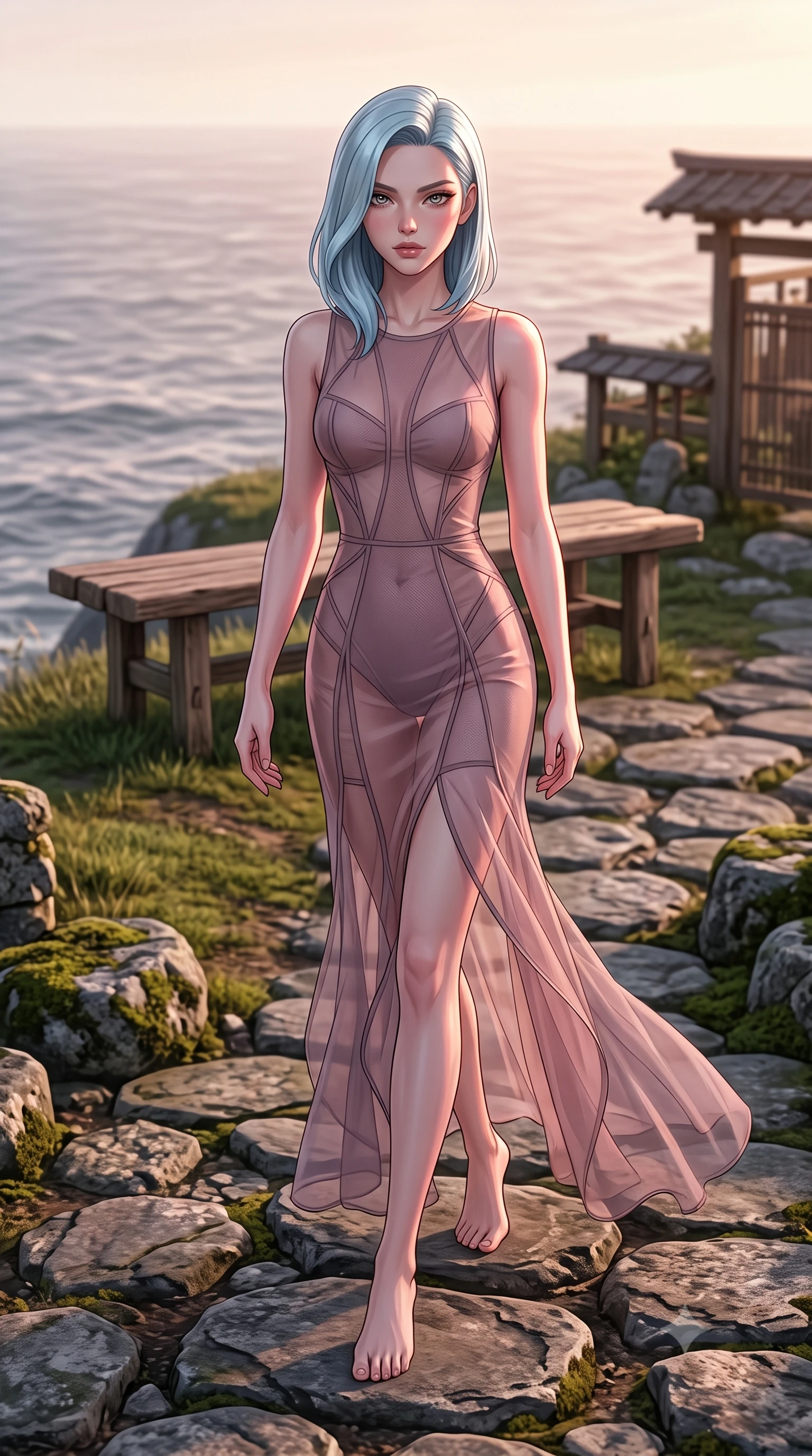 score_9, masterpiece, best quality, ultra-detailed, high-budget anime keyframe, editorial fashion photography, tasteful artistic composition, Korean woman woman. low angle full-body shot from head to toe showing her feet, filling the entire 9:16 vertical frame with her statuesque presence, stretching her vertical silhouette. stepping gracefully across a stone path in the garden the background shows a soft-focus a simple wooden bench perched on a grassy cliff edge overlooking a wide ocean. She has an absolutely perfect, statuesque 8.5-heads proportion, an exceptionally tall and slender model-like female figure with impossibly long slender legs and an ultra-slim waist. sharp v-shaped jawline, high-bridge nose, intricate jewel-like eyes with depth, thick eyelashes, glossy lips with a natural sheen. wearing a slim-fit sheer organza dress in dusty mauve, showing her slender torso and willowy silhouette. soft pink and amber sunset glow reflecting on her face and outfit. 2k, ultra detail, master piece, 9:16 ratio