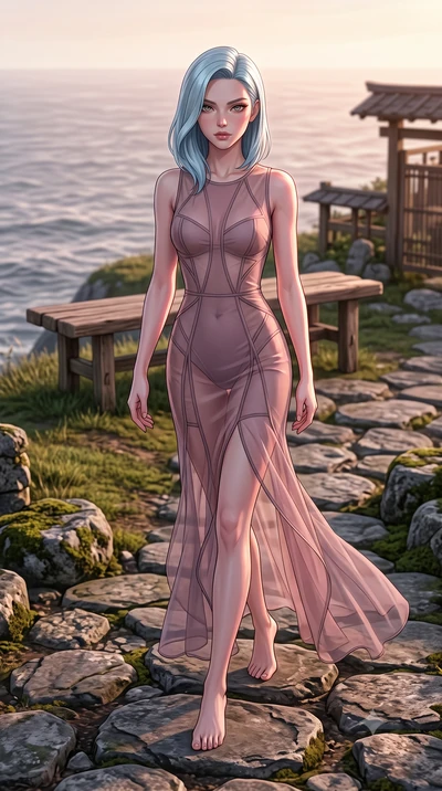 score_9, masterpiece, best quality, ultra-detailed, high-budget anime keyframe, editorial fashion photography, tasteful artistic composition, Korean woman woman. low angle full-body shot from head to toe showing her feet, filling the entire 9:16 vert