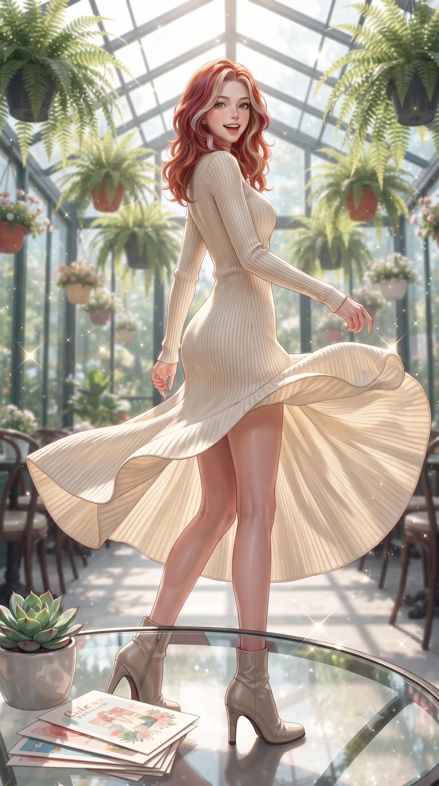 score_9, masterpiece, best quality, ultra-detailed, high-budget anime keyframe, editorial fashion photography, tasteful artistic composition, Caucasian woman. low angle full-body shot from head to toe showing her feet, filling the entire 9:16 vertical frame with her statuesque presence, stretching her vertical silhouette. twirling around with a playful, cute laugh, her skirt billowing beautifully in the air set against a soft-focus background of in a quiet glass-roofed sunroom cafe filled with hanging ferns and flower pots with a small green plant and a stack of cute design postcards on the table. She has an absolutely perfect, statuesque 8.5-heads proportion, an exceptionally tall and slender model-like female figure with impossibly long slender legs and an ultra-slim waist. sharp v-shaped jawline, high-bridge nose, intricate jewel-like eyes with depth, thick eyelashes, glossy lips with a natural sheen. wearing form-contouring form-fitting ribbed knit dress in cream, contouring her slender silhouette. bright daylight reflecting off the glass table and creating sparkling glints. ultra-reflective glossy finish, specular highlights, metallic sheen, high-contrast stereoscopic depth, volumetric dynamic lighting, 2k, ultra detail, master piece, 9:16 ratio