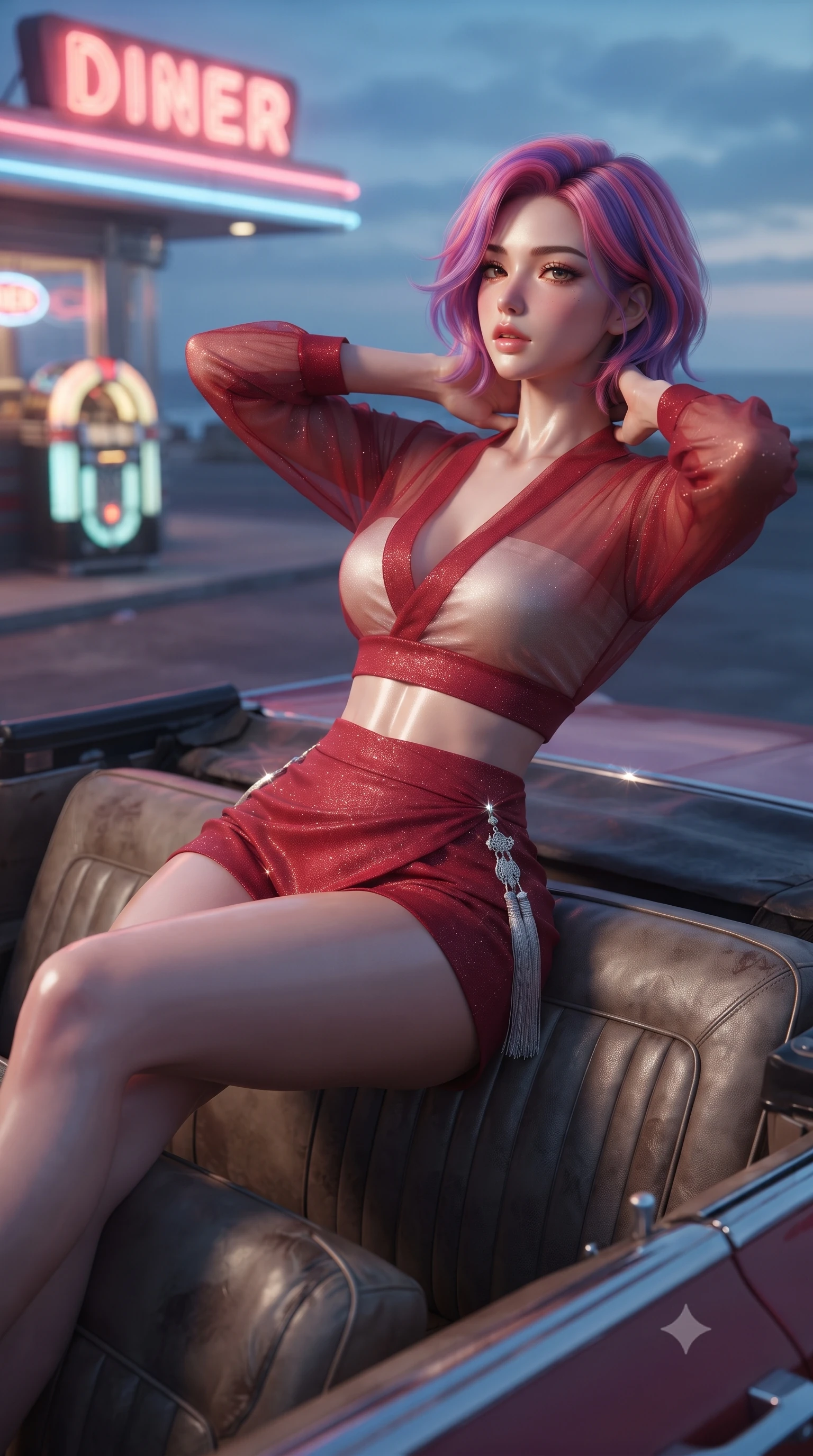 score_9, masterpiece, best quality, ultra-detailed, high-budget anime keyframe, editorial fashion photography, tasteful artistic composition, Caucasian woman. close-up cowboy shot from the waist and thighs up, the character dominates the composition, filling the frame with her large presence. resting both hands lightly behind her neck with elbows raised, arching her spine to highlight her narrow waist, flat midriff, and breathtaking collarbones while lounging across the leather back seat of the convertible with legs crossed, looking over the windshield with smoldering bedroom-eyes. The background shows a soft-focus glowing chrome diner jukebox softened in breezy beachside highway shallow focus. She has an exceptionally elegant, slender, and willowy female figure with an ultra-slim waist, flat toned midriff, narrow ribcage, and sculpted feminine hips creating an alluring, slim hourglass silhouette without bulk. sharp v-shaped jawline, high-bridge nose, sparkling eyes with hypnotic seductive depth, thick curled eyelashes, glossy parted lips with a natural dewy peach sheen, alluring bedroom-eyes with an enchanting coquettish smile, exuding magnetic siren charisma and sophisticated glamour, flawlessly proportioned anatomical accuracy, strict slender model proportions, natural body alignment, perfectly sculpted long slender limbs, ultra-slim waistline, clean dynamic posture without body distortion. wearing a deep V-neck sheer gossamer hanbok blouse layered over an opaque silk bandeau and high-waisted wrap shorts in royal vermilion crimson and pale ivory silk, woven from stretch metallic lurex jersey casting radiant starlight glints across her silhouette, accented with an intricate silver norigae tassel swaying gracefully along her curving hip line, the liquid-tight tailored fabric clinging flawlessly to her narrow waist and rounded feminine hips, emphasizing every millimeter of her sculpted slim hourglass curves without any bulky heaviness. bathed in the glowing neon illumination of the diner sign mixed with twilight coastal sky fill. ultra-reflective glossy finish, specular highlights, rich textural contrasts, high-contrast stereoscopic depth, volumetric dynamic lighting, 2k, ultra detail, master piece, 9:16 ratio