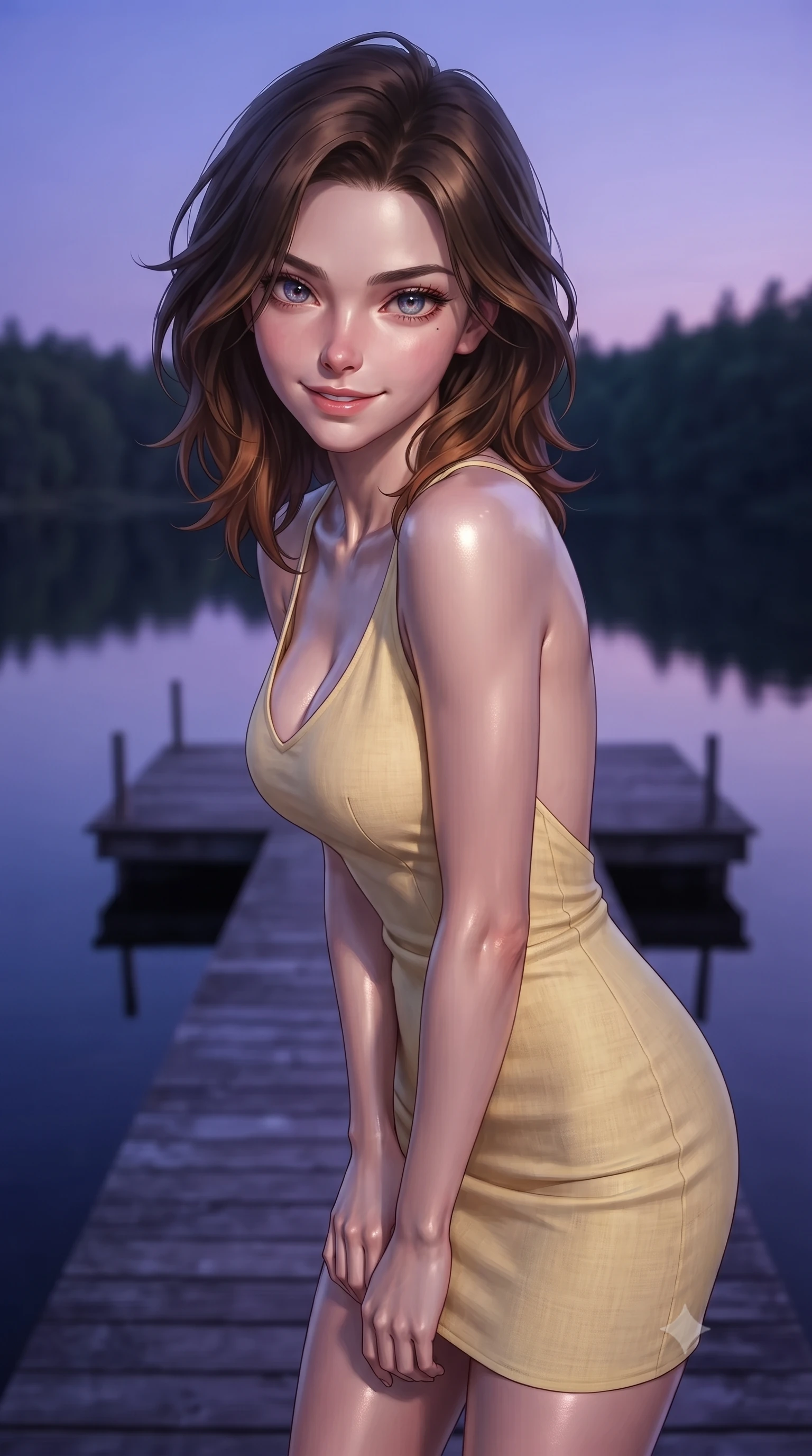 score_9, masterpiece, best quality, ultra-detailed, high-budget anime keyframe, editorial fashion photography, tasteful artistic composition, Korean woman. close-up cowboy shot from the waist and thighs up, the character dominates the composition, filling the frame with her large presence, background elements kept in soft focus. leaning slightly forward with a playful, teasing smile, her gaze locked onto the viewer the background shows a soft-focus a private lakehouse wooden pier extending over a calm forest lake. She has an exceptionally elegant, slender, and willowy female figure with an ultra-slim waist, a gracefully sculpted slender torso, and a refined silhouette. sharp v-shaped jawline, high-bridge nose, intricate jewel-like eyes with depth, thick eyelashes, glossy lips with a natural sheen. wearing a body-hugging backless summer sundress in pale yellow linen, showing her elegant shoulder blades. the serene purple and blue hues of twilight reflecting on the still water. ultra-reflective glossy finish, specular highlights, metallic sheen, high-contrast stereoscopic depth, volumetric dynamic lighting, 2k, ultra detail, master piece, 9:16 ratio