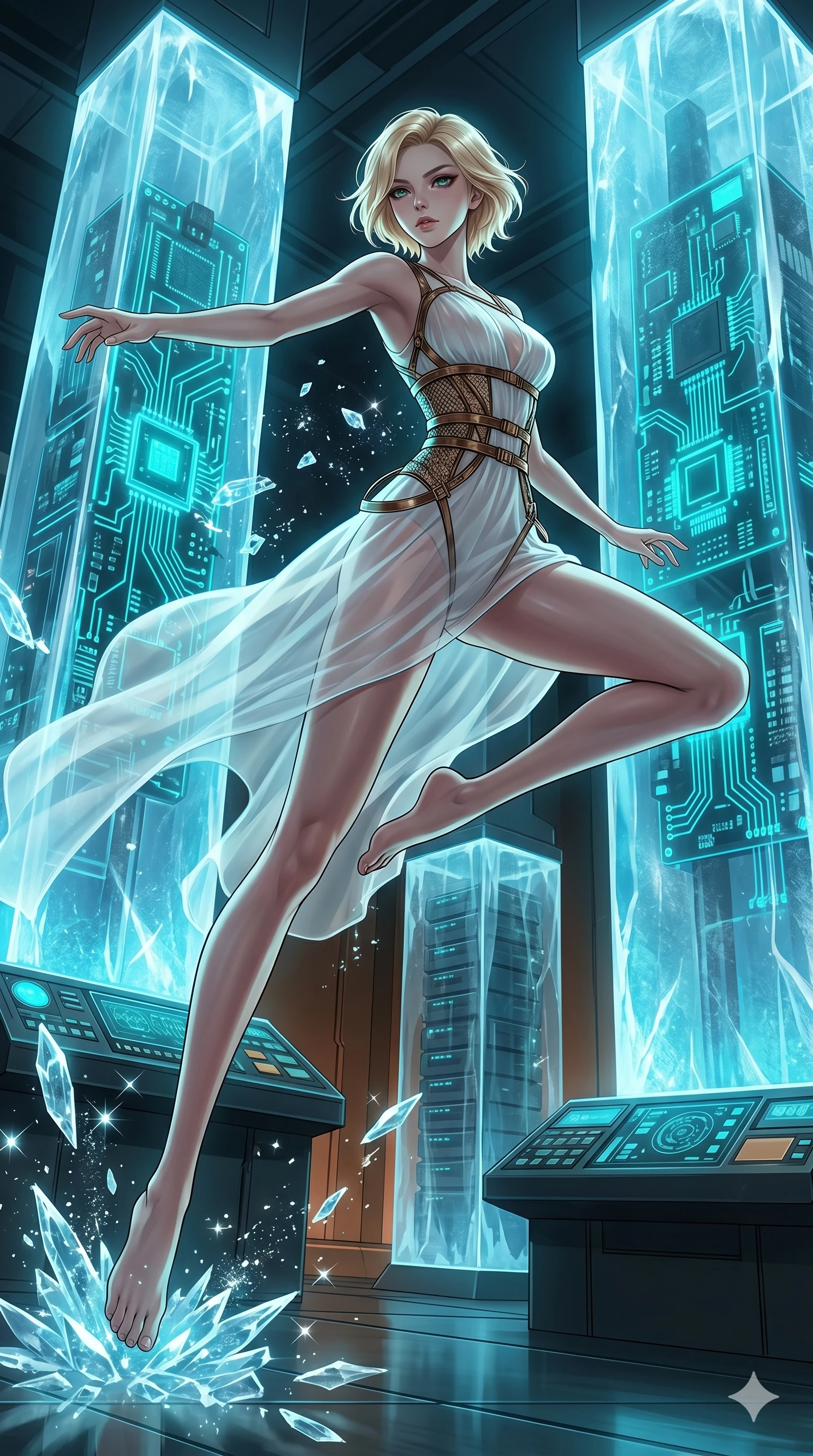 score_9, masterpiece, best quality, ultra-detailed, high-budget anime keyframe, Caucasian woman, strictly human ears. low angle full-body shot filling the entire 9:16 frame with her statuesque presence, stretching the vertical silhouette. leaping inside a sub-zero cybernetic ice temple, where glowing neon cyan computer circuit boards are frozen within transparent ice pillars, fracturing ice crystals into sparkles around her. She has an absolutely perfect 8-heads proportion, an exceptionally tall and slender female figure with impossibly long slender legs and an ultra-slim waist. V-shaped jawline, high-bridge nose, intricate jewel-like eyes with depth, thick eyelashes, glossy lips with a natural sheen.. wearing a chrono-gear wire harness couture, featuring micro-bronze gear wire harness cinching her waist, over a sheer white organza dress. accented by dynamic color-blocked lighting with high-contrast shadows emphasizing her statuesque height. 2k, ultra detail, master piece, 9:16 ratio
