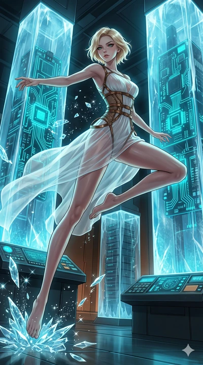 score_9, masterpiece, best quality, ultra-detailed, high-budget anime keyframe, Caucasian woman, strictly human ears. low angle full-body shot filling the entire 9:16 frame with her statuesque presence, stretching the vertical silhouette. leaping ins