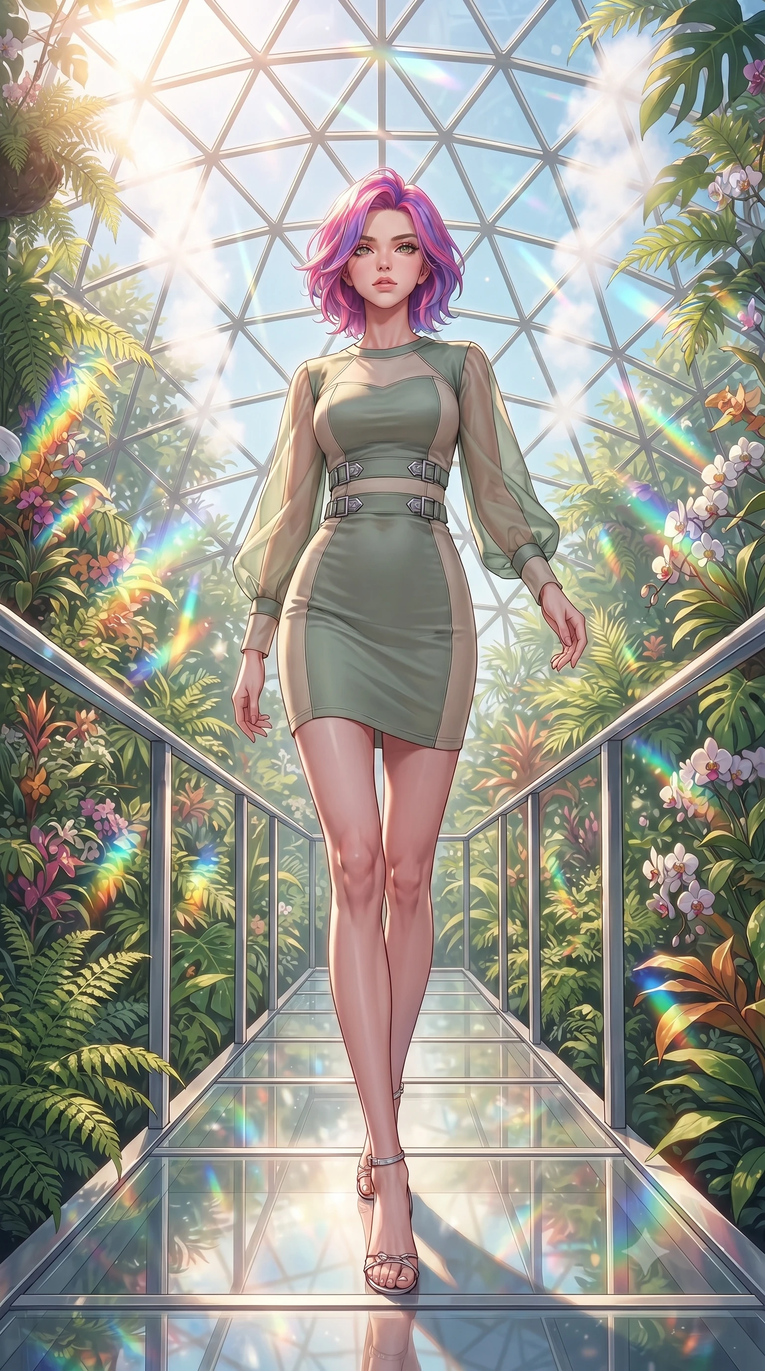 score_9, masterpiece, best quality, ultra-detailed, high-budget anime keyframe, editorial fashion photography, tasteful artistic composition, Caucasian woman. low angle full-body shot from head to toe showing her feet, filling the entire 9:16 vertical frame with her statuesque presence, stretching her vertical silhouette. navigating the luminous space with effortless poise, displaying her perfect model proportions walking along a platinum-framed glass walkway in a sunlit botanical dome, steam clouds refracting sunlight into brilliant rainbow prisms. She has an absolutely perfect, statuesque 8.5-heads proportion, an exceptionally tall and slender model-like female figure with impossibly long slender legs and an ultra-slim waist. sharp v-shaped jawline, high-bridge nose, intricate jewel-like eyes with depth, thick eyelashes, glossy lips with a natural sheen. wearing a sleek bodycon knit dress with sheer organza sleeve panels in sage green and oatmeal, woven from fine semi-opaque sheer organza, detailed with polished silver buckles along the waistline, the glove-like fit emphasizing her statuesque silhouette. surrounded by a bright, airy ambiance with radiant white and green highlights. highly saturated vibrant anime colors, detailed shading with soft gradients, rich glossy textures, high-contrast stereoscopic depth, volumetric dynamic lighting, master piece, 9:16 ratio