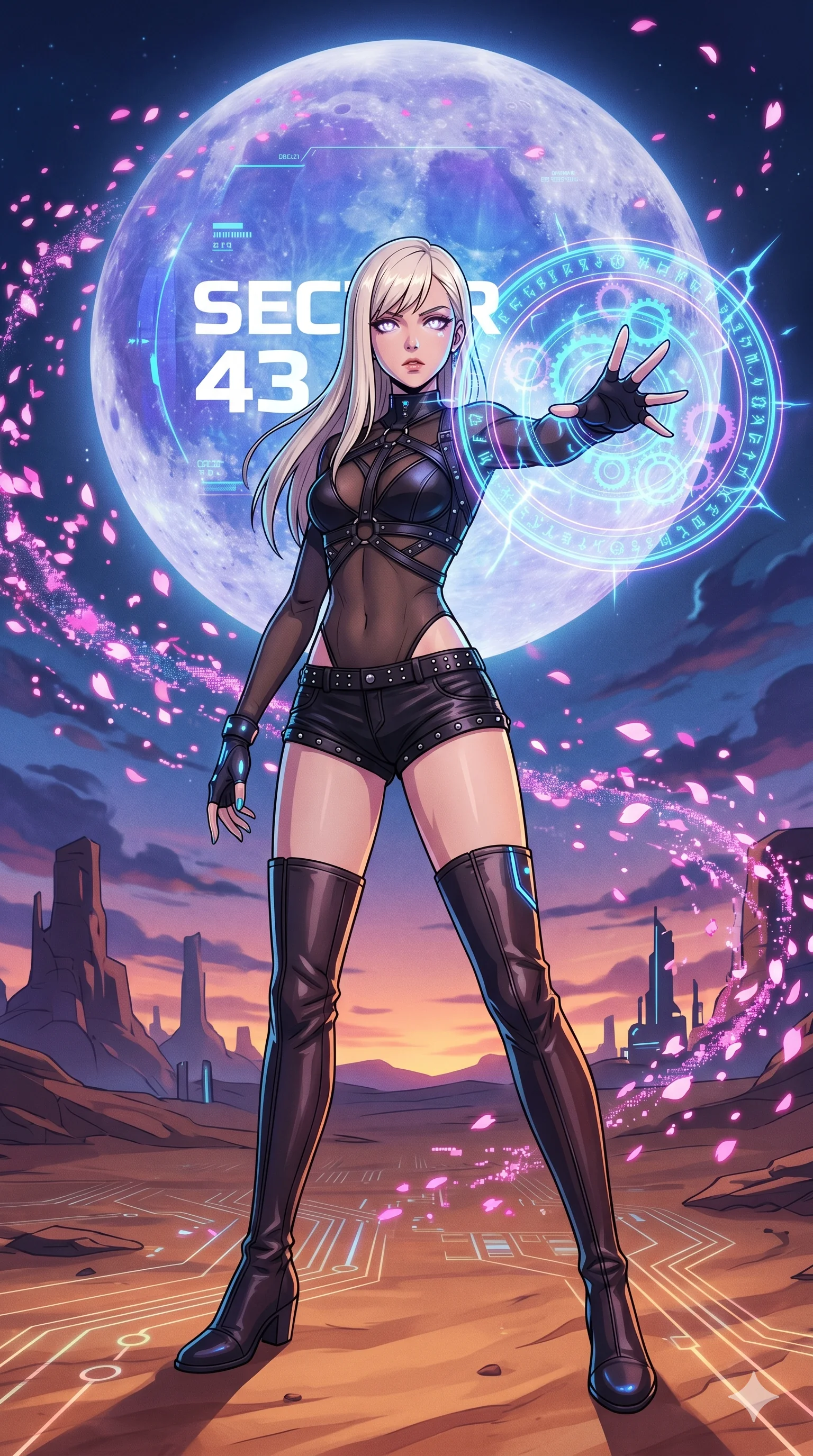 score_9, masterpiece, best quality, ultra-detailed, Set A: High-budget Anime Keyframe, Caucasian (strictly human ears) woman. Low angle cowboy shot filling the entire 9:16 frame with her statuesque presence. Casting a spell through a clockwork desert, with a massive holographic moon rising behind her marked as sector 43 and surrounded by digital sakura petals. She has an absolutely perfect 8-heads proportion, an exceptionally tall and slender female figure with impossibly long slender legs and an ultra-slim waist. Sharp v-shaped jawline, high-bridge nose, intricate jewel-like eyes with depth, thick eyelashes, glossy lips with a natural sheen. Wearing Asymmetrical leather harness over a sheer mesh leotard and studded micro-shorts. Cinematic lighting, vibrant colors, dramatic shadows, 2k, ultra detail, master piece, 9:16 ratio