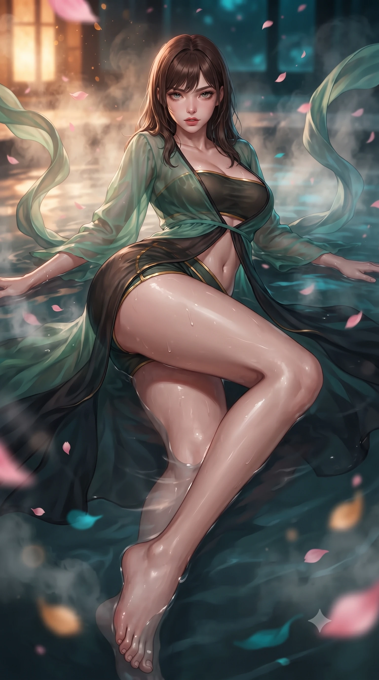 score_9, masterpiece, best quality, ultra-detailed, high-budget anime keyframe, editorial fashion photography, tasteful artistic composition, Korean woman. low angle full-body shot from head to toe showing her feet, filling the entire 9:16 vertical frame with her statuesque presence, stretching her vertical silhouette. reclining on her side in an elegant Cleopatra pose with one knee drawn up, the dramatic contour of her rounded hips and long slender legs commanding the 9:16 vertical frame while wading through the thermal mineral pool beneath falling pink sakura petals, arching her spine in pure pleasure as steam curls around her waist. The composition keeps background elements in soft focus with creamy bokeh. swirling thermal steam clouds and falling sakura petals blurred into soft blossom-pink, warm amber, and deep cyan bokeh. She has an absolutely perfect, statuesque 8.5-heads proportion, an exceptionally tall and slender model-like female figure with impossibly long slender legs, a toned flat midriff, an ultra-slim waist, and beautifully sculpted feminine hips. sharp v-shaped jawline, high-bridge nose, intricate jewel-like eyes with depth, thick eyelashes, glossy parted lips with a natural sheen, intensely captivating and seductive bedroom-eyes expression, flawlessly proportioned anatomical accuracy, strict slender model proportions, natural body alignment, perfectly sculpted long slender limbs, ultra-slim waistline, clean dynamic posture without body distortion. wearing a sheer chiffon onsen coverup worn over a form-contouring gold-piped bandeau and micro-shorts in jade green and dark obsidian, tailored from smooth liquid silk satin adhering seamlessly to her wet skin, finished with long flowing silk arm ribbons that float weightlessly in the air, the glove-like aerodynamic silhouette tightly following the natural contour of her hips and long slender legs with statuesque precision. surrounded by an intimate, tranquil, and deeply sensual Japanese skylounge muse aura. ultra-reflective glossy finish, specular highlights, rich textural contrasts, high-contrast stereoscopic depth, volumetric dynamic lighting, 2k, ultra detail, master piece, 9:16 ratio