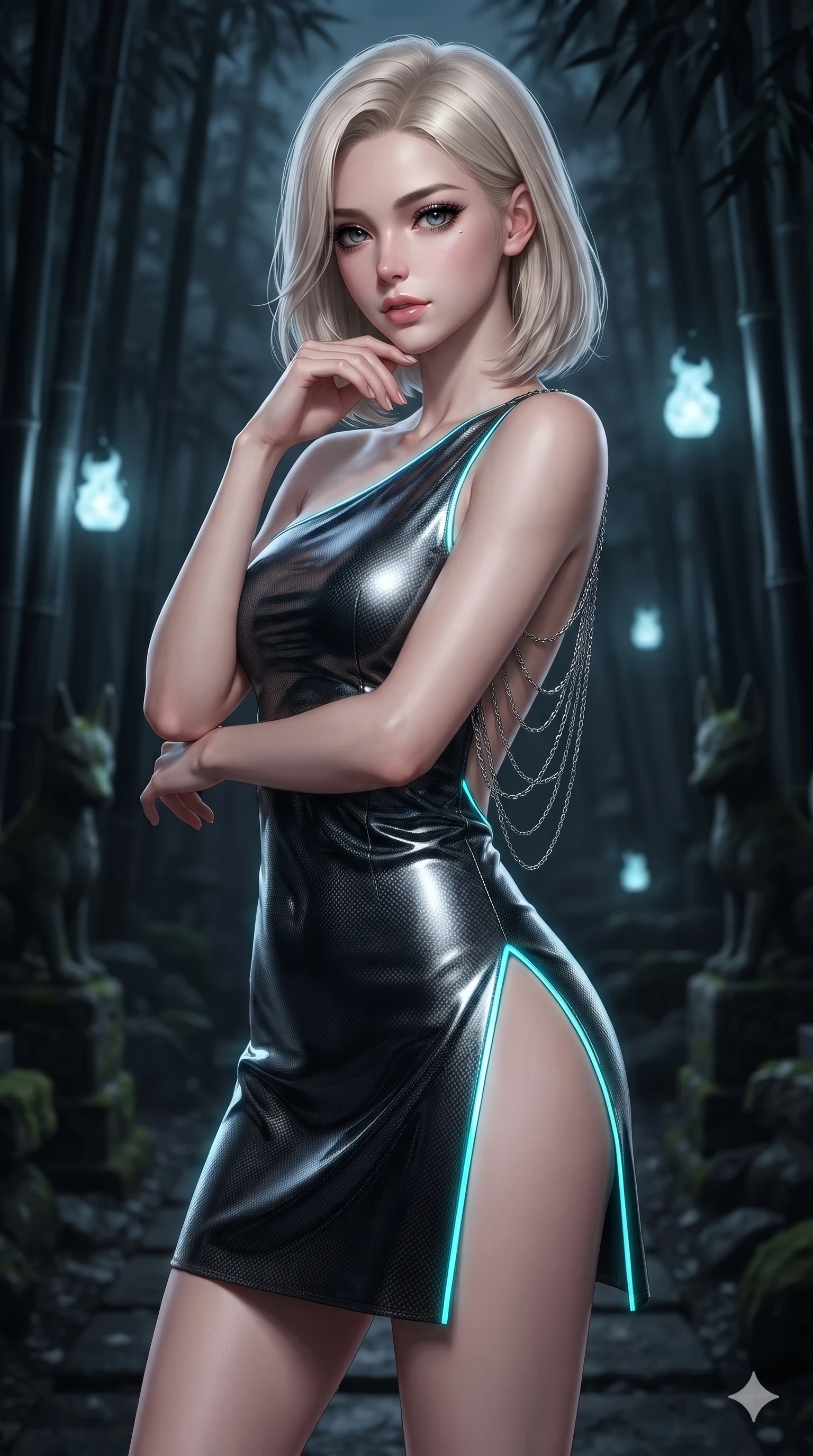 score_9, masterpiece, best quality, ultra-detailed, high-budget anime keyframe, editorial fashion photography, tasteful artistic composition, Caucasian woman. close-up cowboy shot from the waist and thighs up, the character dominates the composition, filling the frame with her large presence. resting her chin on the backs of her fingers with an air of effortless superiority and parted glossy lips while resting near a dark stone fox statue illuminated by floating spirit lanterns, shadowy bamboo stalks framing the dark path in soft focus. The background shows a soft-focus dark mossy stone kitsune statues, floating pale blue spirit lanterns, and towering black bamboo stalks blurred into pale blue, jade, and charcoal bokeh. She has an exceptionally elegant, slender, and willowy female figure with an ultra-slim waist, flat toned midriff, narrow ribcage, and sculpted feminine hips creating an alluring, slim hourglass silhouette without bulk. sharp v-shaped jawline, high-bridge nose, intricate jewel-like dark sparkling eyes with hypnotic seductive depth, thick curled eyelashes, glossy parted lips with a natural wine sheen, alluring bedroom-eyes with an enigmatic smoldering smile, exuding magnetic sovereign charisma and dark avant-garde glamour, flawlessly proportioned anatomical accuracy, strict slender model proportions, natural body alignment, perfectly sculpted long slender limbs, ultra-slim waistline, clean dynamic posture without body distortion. wearing an asymmetric one-shoulder metallic patent leather mini dress with a dramatic side slit hugging her hips in neon cyan edge-glow and dark carbon black, woven from matte carbon-fiber weave with high-tech structural hold, accented with an open-back drape framed by falling strands of delicate chrome chains, the precision-cut side openings and low-back scoop framing her graceful spine and the sensual sweep of her slim, toned hips. illuminated by spirit lantern cold ground bounce and sharp silver-cyan rim lights defining her razor-sharp jawline, narrow waist, and curvy hips. ultra-reflective glossy finish, specular highlights, metallic sheen, high-contrast stereoscopic depth, volumetric dynamic lighting, 2k, ultra detail, master piece, 9:16 ratio
