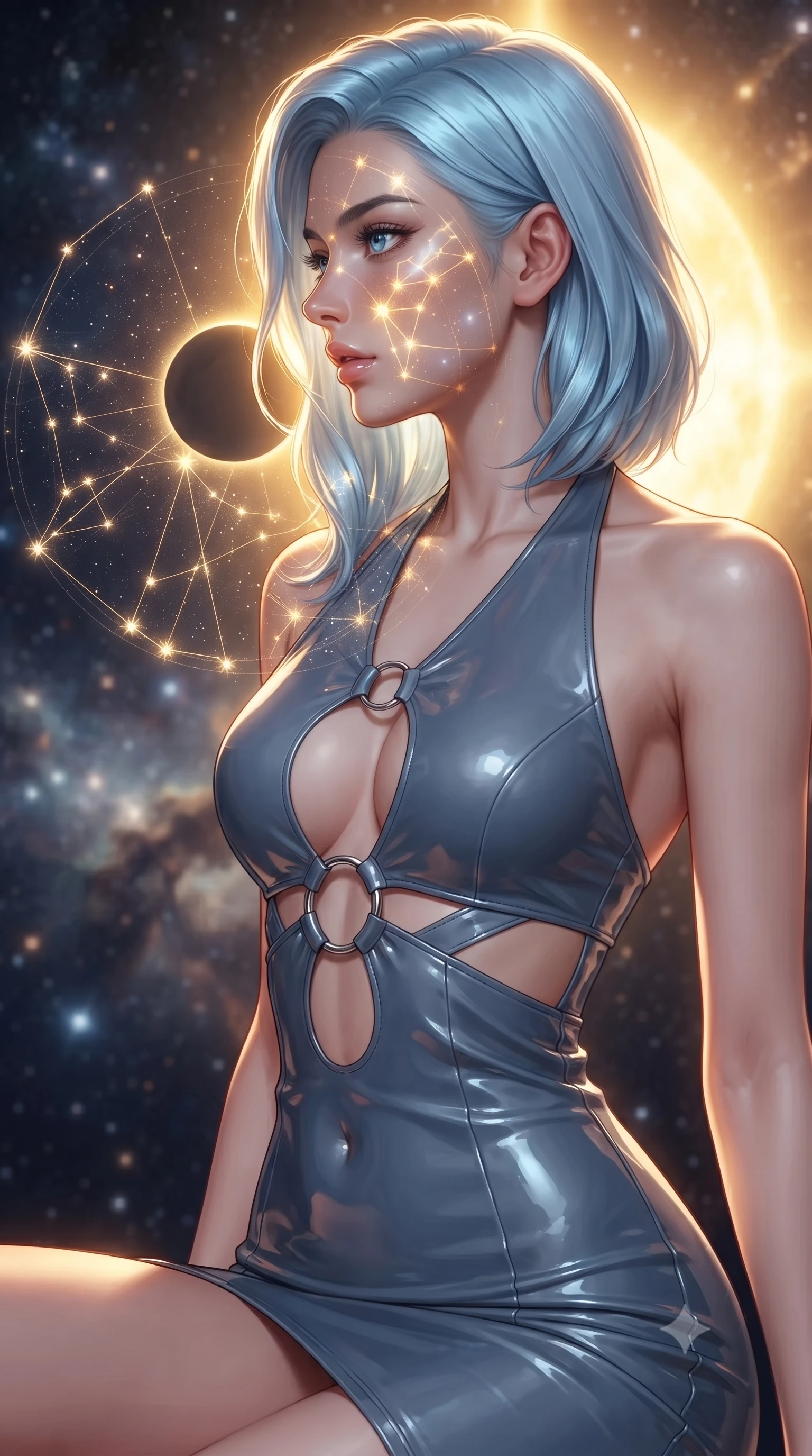 score_9, masterpiece, best quality, ultra-detailed, high-budget anime keyframe, editorial fashion photography, tasteful artistic composition, Korean woman. close-up cowboy shot from the waist and thighs up, the character dominates the composition, filling the frame with her large presence, background elements kept in soft focus. Turning her face in sharp dramatic profile against the bright light, showcasing her sharp v-shaped jawline navigating a constellation map woven from starlight threads, a cosmic eclipse casting brilliant golden rim highlights. She has an exceptionally elegant, slender, and willowy female figure with an ultra-slim waist, a gracefully sculpted slender torso, and a refined silhouette. sharp v-shaped jawline, high-bridge nose, intricate jewel-like eyes with depth, thick eyelashes, glossy lips with a natural sheen. wearing a deep-scoop halter bodycon dress with hip cutouts connected by silver rings in slate blue and metallic silver, tailored from high-gloss patent leather, featuring subtle geometric cutouts that highlight her ultra-slim midriff, the form-contouring material highlighting her ultra-slim waist and long lines. illuminated by brilliant starlight and warm golden inner glow from the astrolabe. highly saturated vibrant anime colors, detailed shading with soft gradients, rich glossy textures, high-contrast stereoscopic depth, volumetric dynamic lighting, master piece, 9:16 ratio