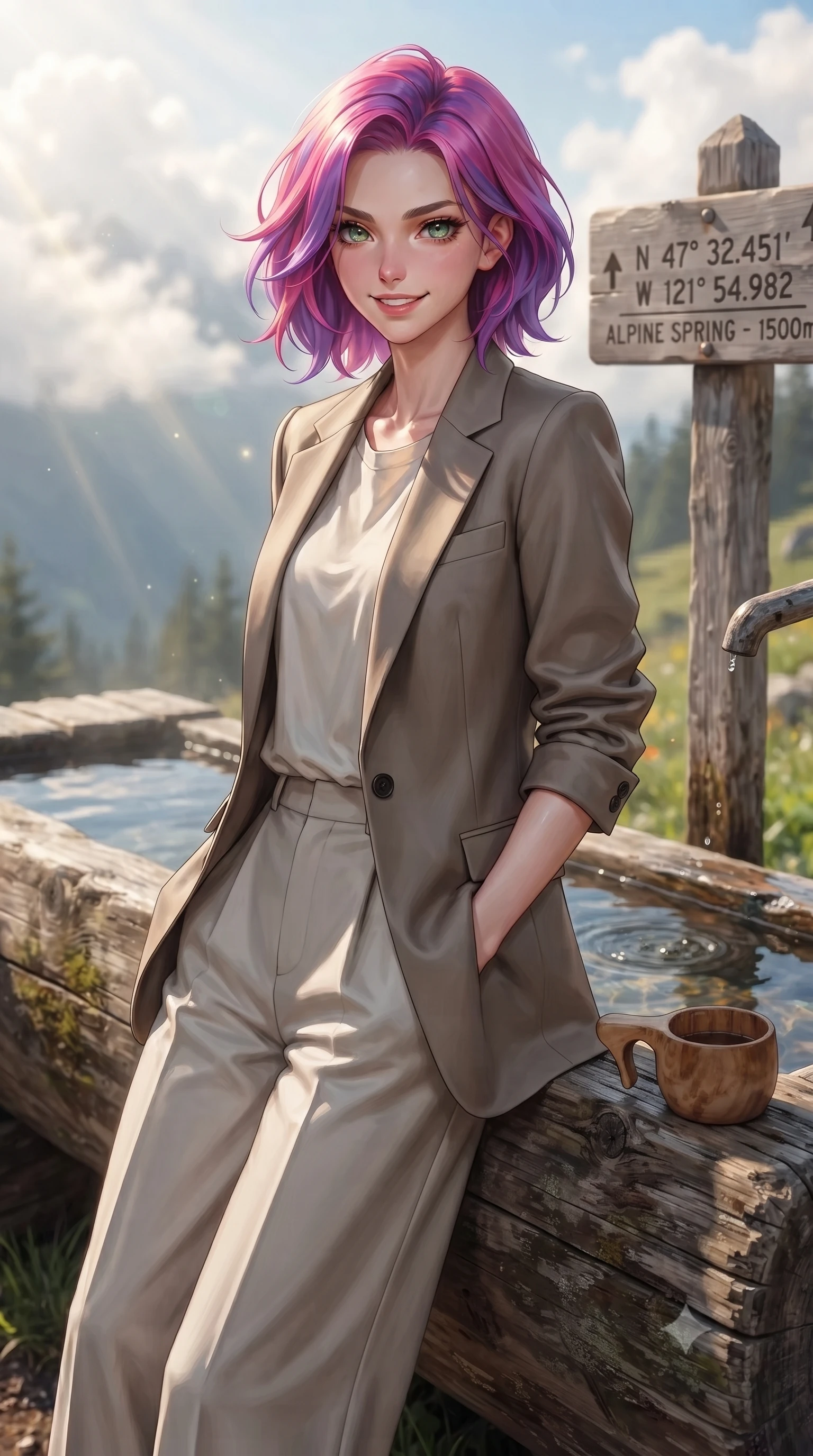 score_9, masterpiece, best quality, ultra-detailed, high-budget anime keyframe, editorial fashion photography, tasteful artistic composition, Caucasian woman. close-up cowboy shot from the waist and thighs up, the character dominates the composition, filling the frame with her large presence, background elements kept in soft focus. smiling cutely with an air of effortless superiority and magnetic charm set against a soft-focus background of next to a mountain spring well with clear water and wooden cups with a wooden trail marker sign showing coordinates behind her. She has an exceptionally elegant, slender, and willowy female figure with an ultra-slim waist, a gracefully sculpted slender torso, and a refined silhouette. sharp v-shaped jawline, high-bridge nose, intricate jewel-like eyes with depth, thick eyelashes, glossy lips with a natural sheen. wearing body-hugging tailored casual blazer in taupe, paired with a loose tee and wide-leg trousers. soft afternoon sunbeams filtering through passing white mountain clouds. ultra-reflective glossy finish, specular highlights, metallic sheen, high-contrast stereoscopic depth, volumetric dynamic lighting, 2k, ultra detail, master piece, 9:16 ratio